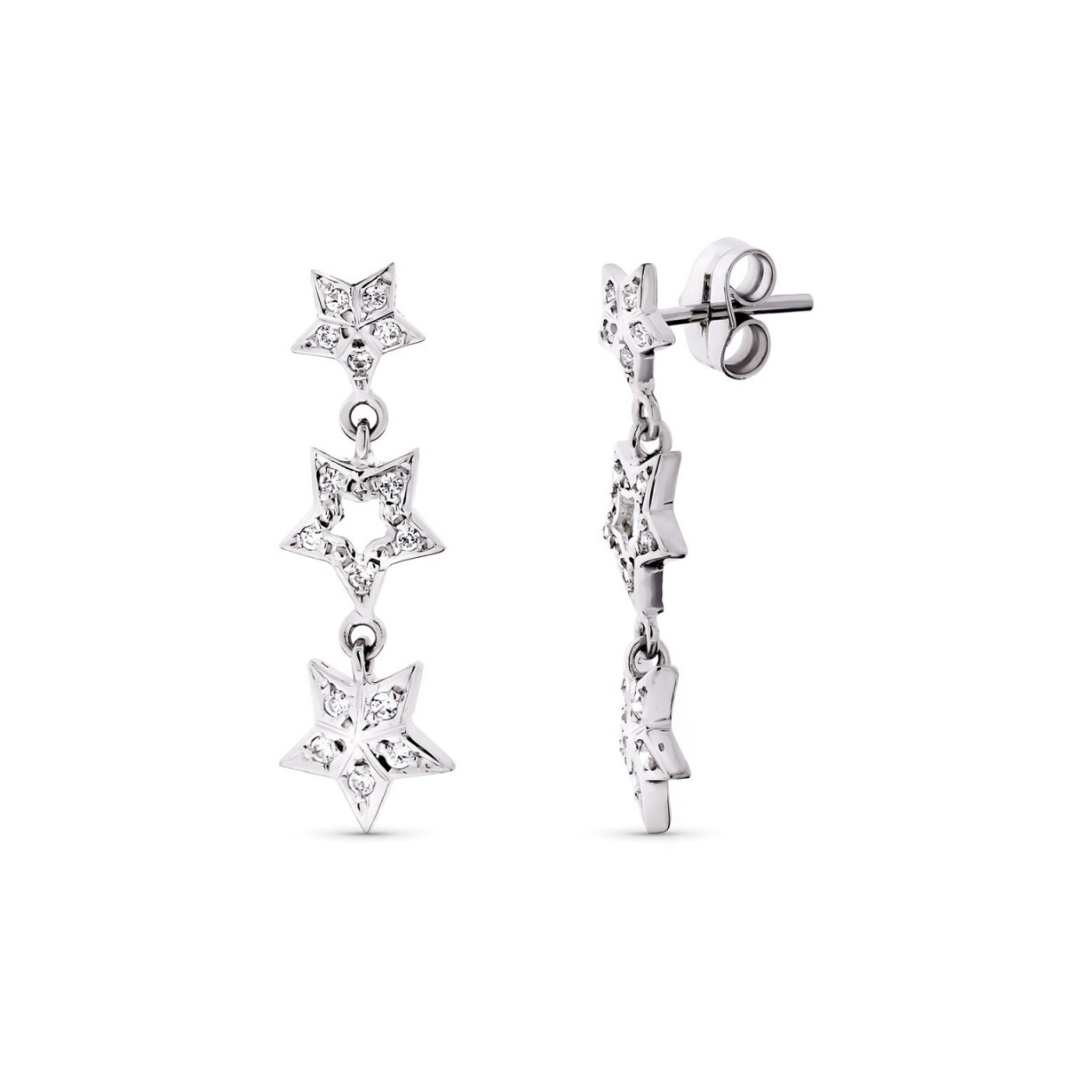 Pendientes oro blanco 18k mujer largos 27 mm. estrellas circonitas presión