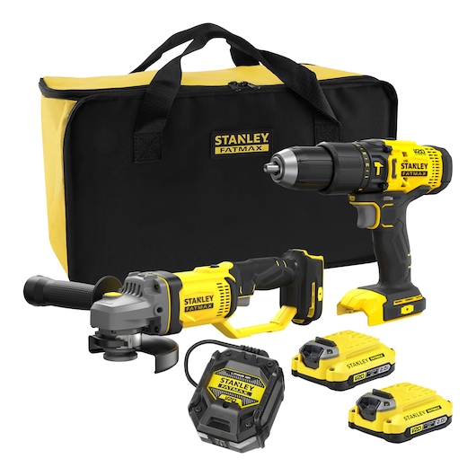 STANLEY SFMCK471D2S-QW - Combo kit v20 li-ion 18v: taladro percutor + mini-amoladora con 2 baterías 2ah, cargador y bolsa de transporte