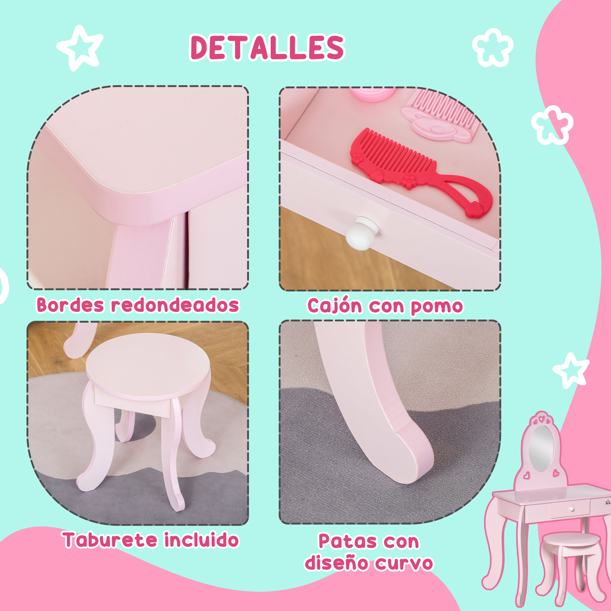 ZONEKIZ Tocador para Niñas con Espejo y Taburete Tocador de