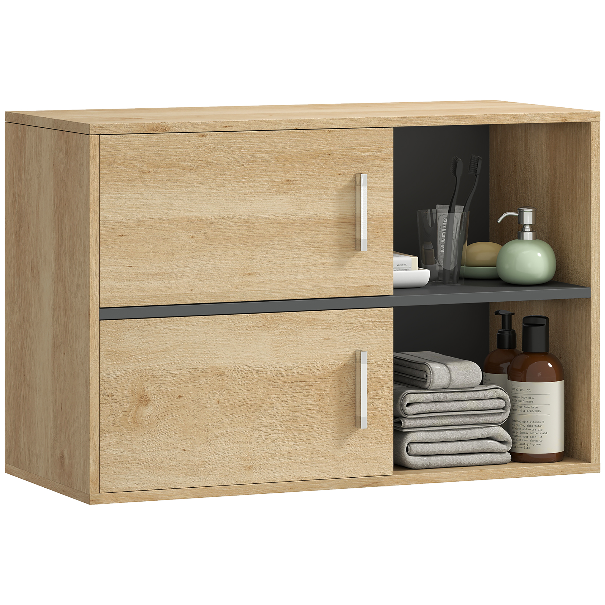 HOMCOM Mueble Auxiliar de Baño Armario de Baño de Pared con Compartimentos Abiertos y 2 Puertas Mueble de Baño Moderno para Cocina Entrada 80x35x57,5 cm Natural