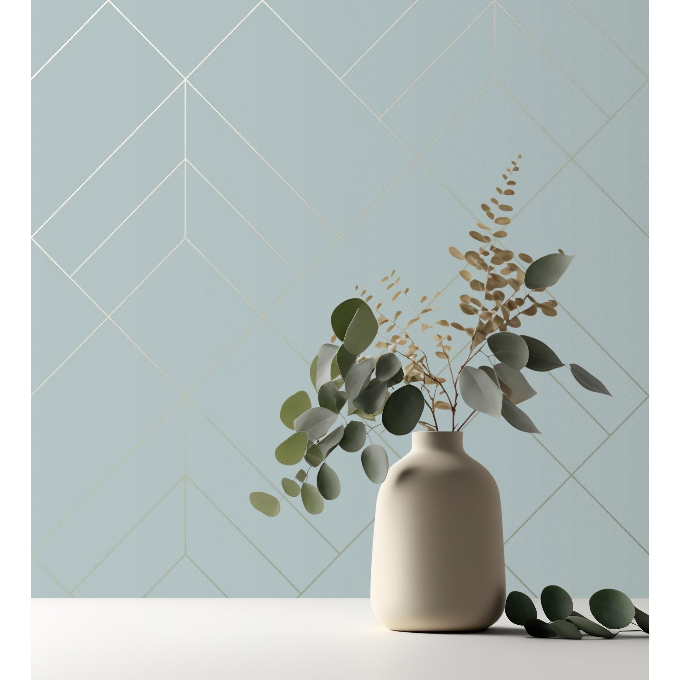 Papel pintado geométrico de rombos con líneas doradas fondo celeste estilo Art déco - Arnova 682084 de GAULAN - Rollo de 10 m x 0,52 m