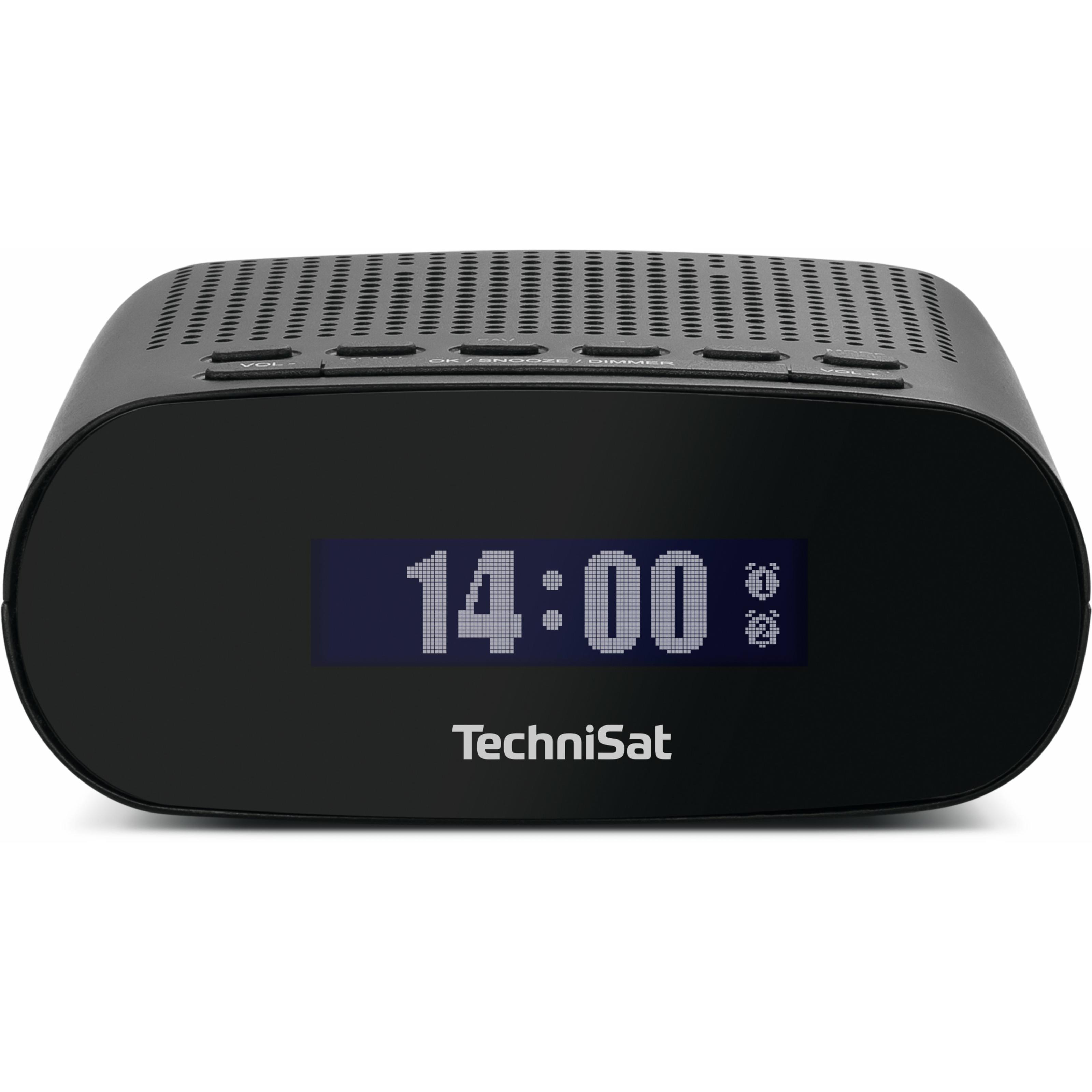 TechniSat TECHNIRADIO 50 Digital Alarm Clock with DAB+ and FM, features LCD display, USB Type C, 3.5mm headphone jack, and 1W power, perfect as a radio alarm clock for home use.