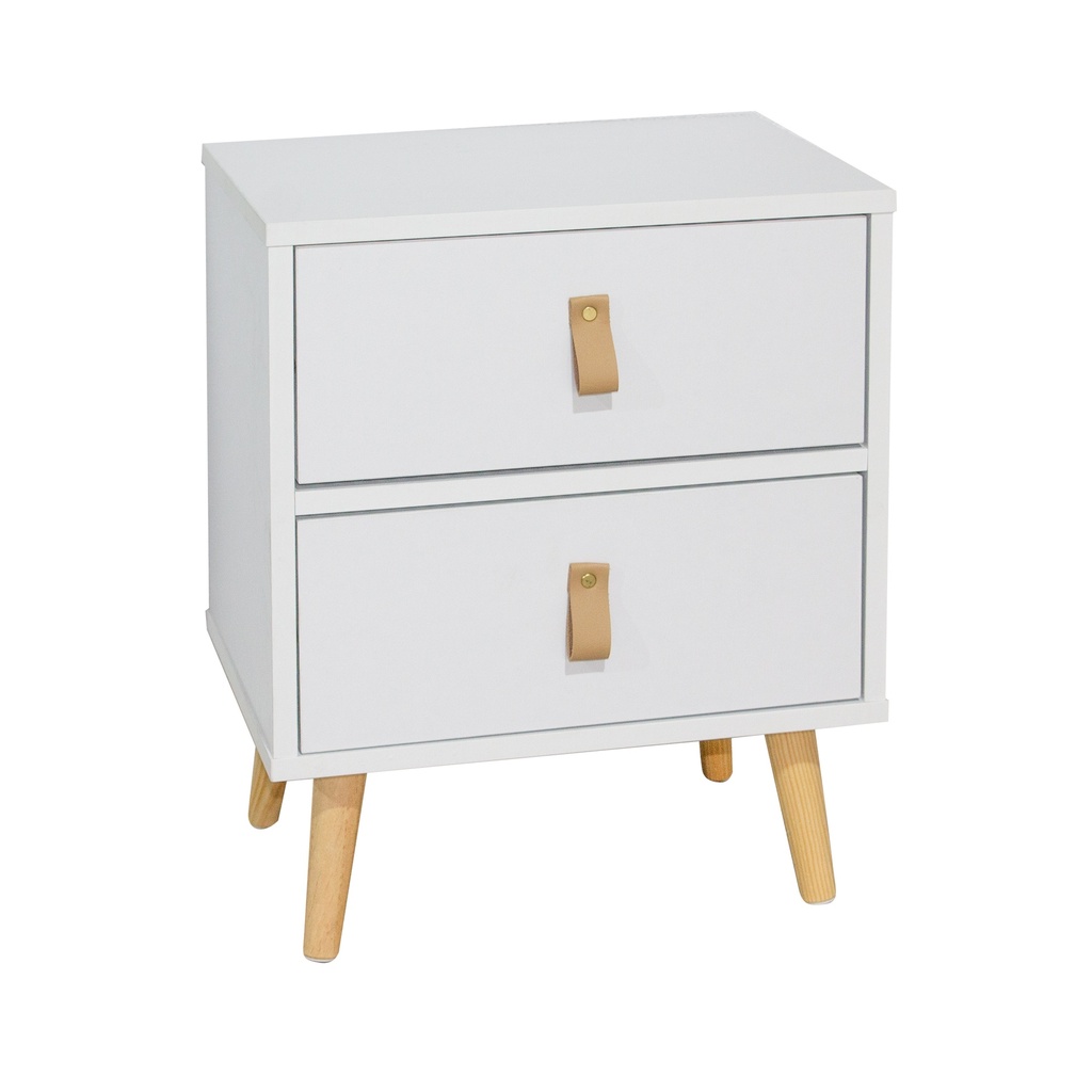 Mesita de Noche Blanca con 2 Cajones – 40x30x50 cm – Patas de Madera Natural y Tiradores en Símil Cuero – Estilo Nórdico Moderno