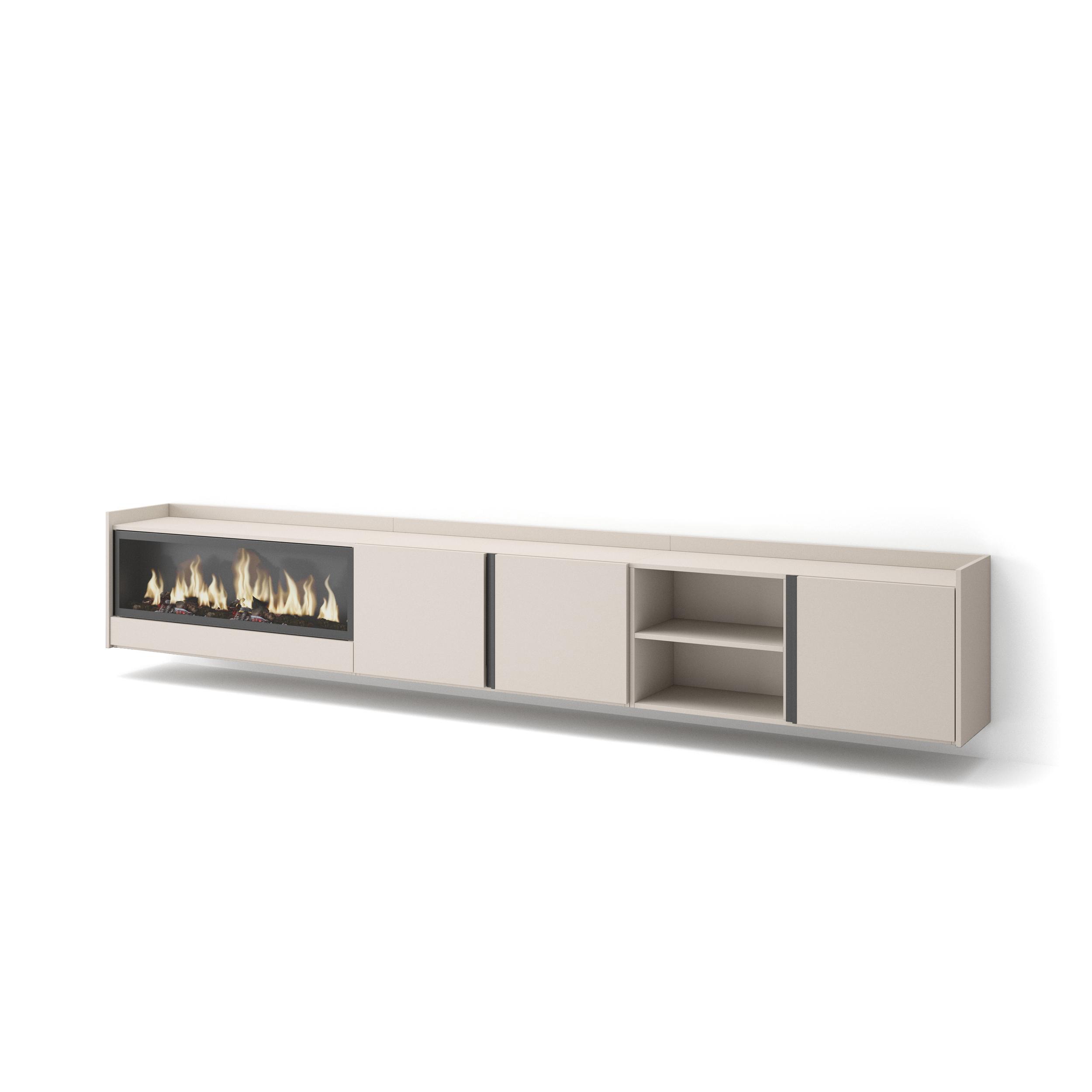Mueble TV, Televisión, 315x35x50cm, Para TV hasta 80", Chimenea eléctrica XXL, Colgado, Suspendido
