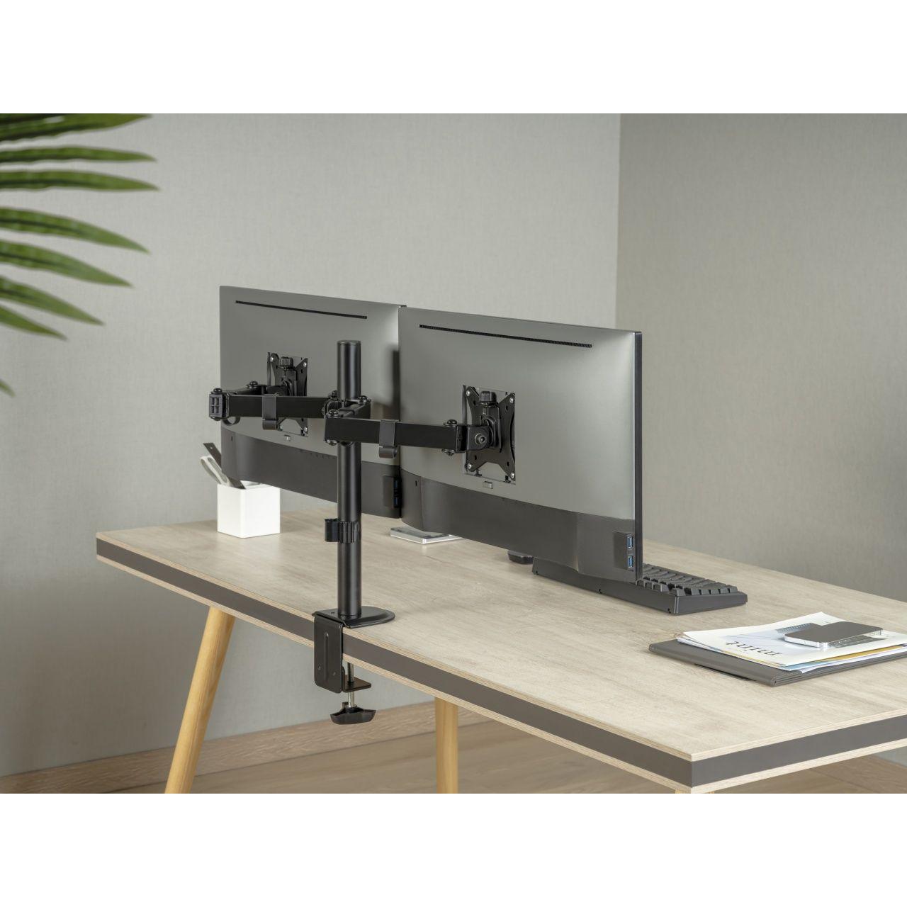 Equip - Soporte de mesa para doble monitor VESA 650157 hasta 32 pulgadas, resistente hasta 9 kg por pantalla, ajuste ergonómico de altura y ángulo, ideal para trabajo y gaming