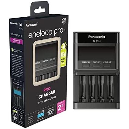 Panasonic eneloop pro with usb output charger, for 1 to 4 aa/aaa ni-mh batteries with usb output, lcd screen, refresh function and 10 safety functions