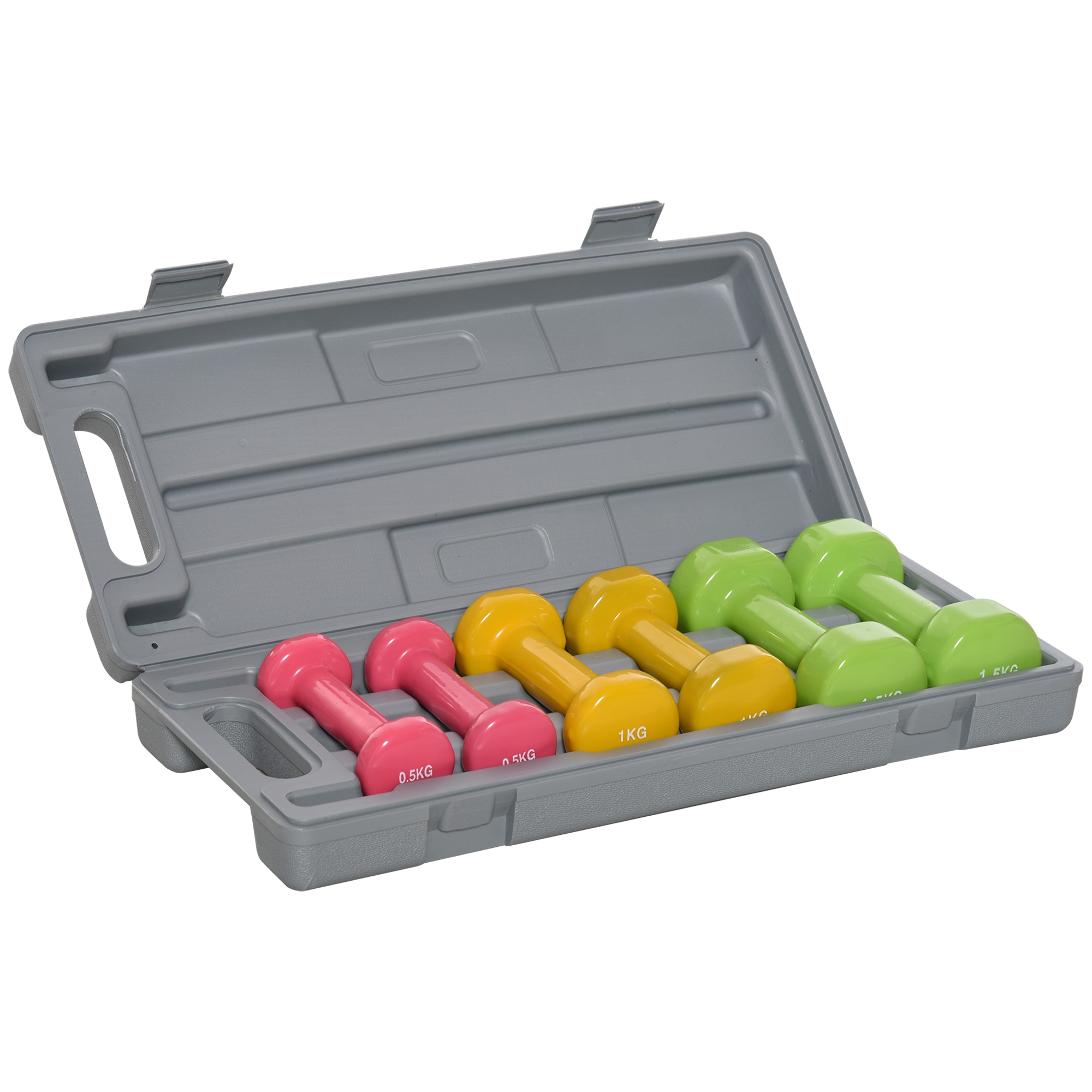 HOMCOM Juego de Mancuernas de 6 Piezas Total 6 kg, 2x1,5 kg, 2x1 kg, y 2x0,5 kg, Mancuernas Hexagonales con Revestimiento de PU con Maletín para Ejercicio en Casa, Gimnasio, Multicolor