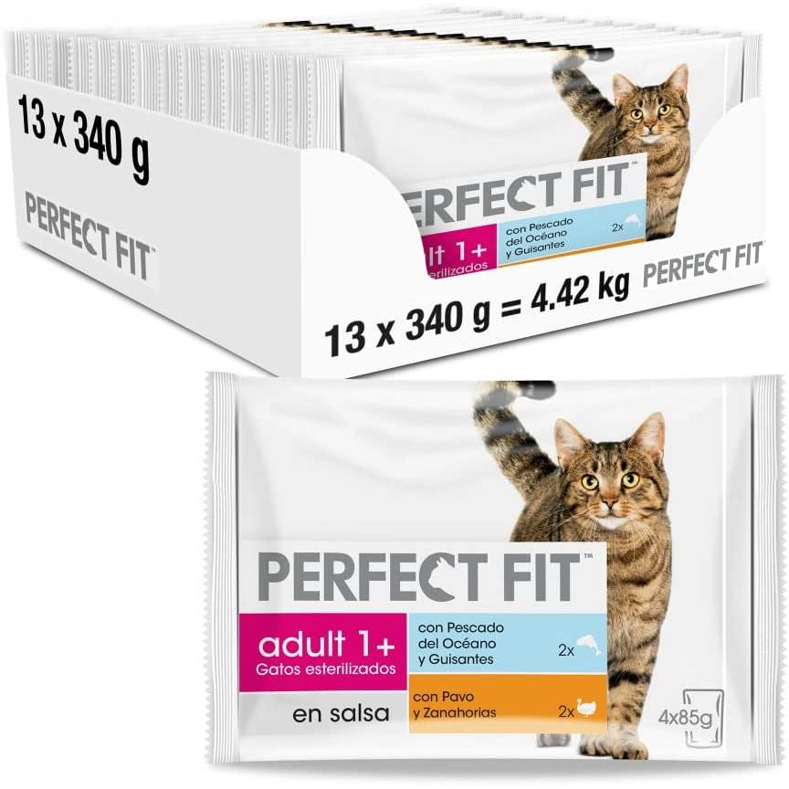 Perfect Fit - PERFECT FIT Comida Húmed para Gatos Adultos Sabor Pescado y Pavo (13 paquetes x 4 sobres x 85 g)