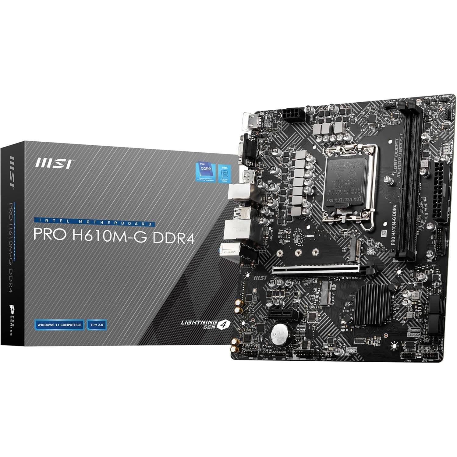 MSI Placa base DDR4 PRO H610M-G, micro-ATX, Compatible con Intel Core de 12.ª Generación, LGA 1700, 2 DIMM (3200 MHz), 1 Ranura PCIe 4.0x6, 1 XM.2 Gen3, USB 3.2 Gen1, LAN 1G, HDMI 2.1 y DP 1.4 y VGA
