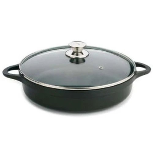 Olla Aluminio fundido 100% reciclado 24cm 0L cazuela baja VALIRA 4135/25  | Adecuado para Pasar del fuego al horno, CAZ. BAJA 24, IND+TAPA+ASAS+BOLSA, Black