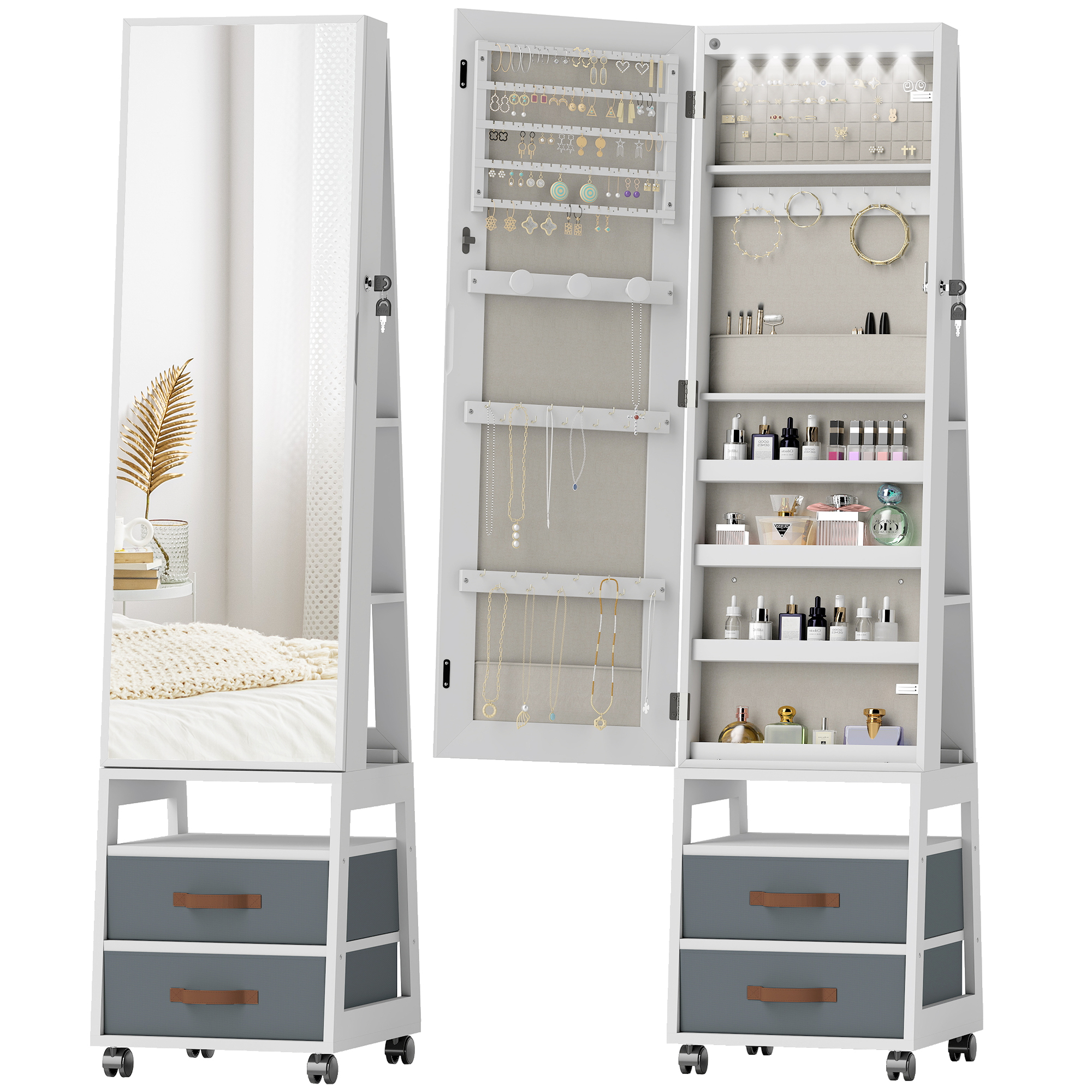 HOMCOM Espejo Joyero con Luces LED Interior, Armario para Joyas con Ruedas, Armario Joyero con Espejo Entero, Giratorio de 360°, Estantes Abiertos, Cajones de Tela, Blanco