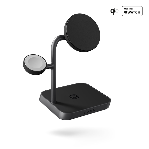 Zens Office Wireless Charger 3, Cargador inalámbrico MagSafe y Qi2 de 15 W para iPhone/Apple Watch/AirPods, Incluye Adaptador de Corriente de 45 W (EU/UK/US) y Cable Integrado de 1,5 m, Negro