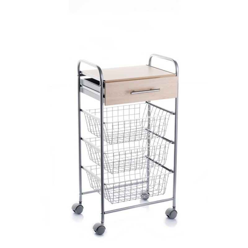 DON HIERRO - Carrito de cocina ALESIA – 3 cestas, 1 cajón y encimera color haya en acabado gris aluminio-