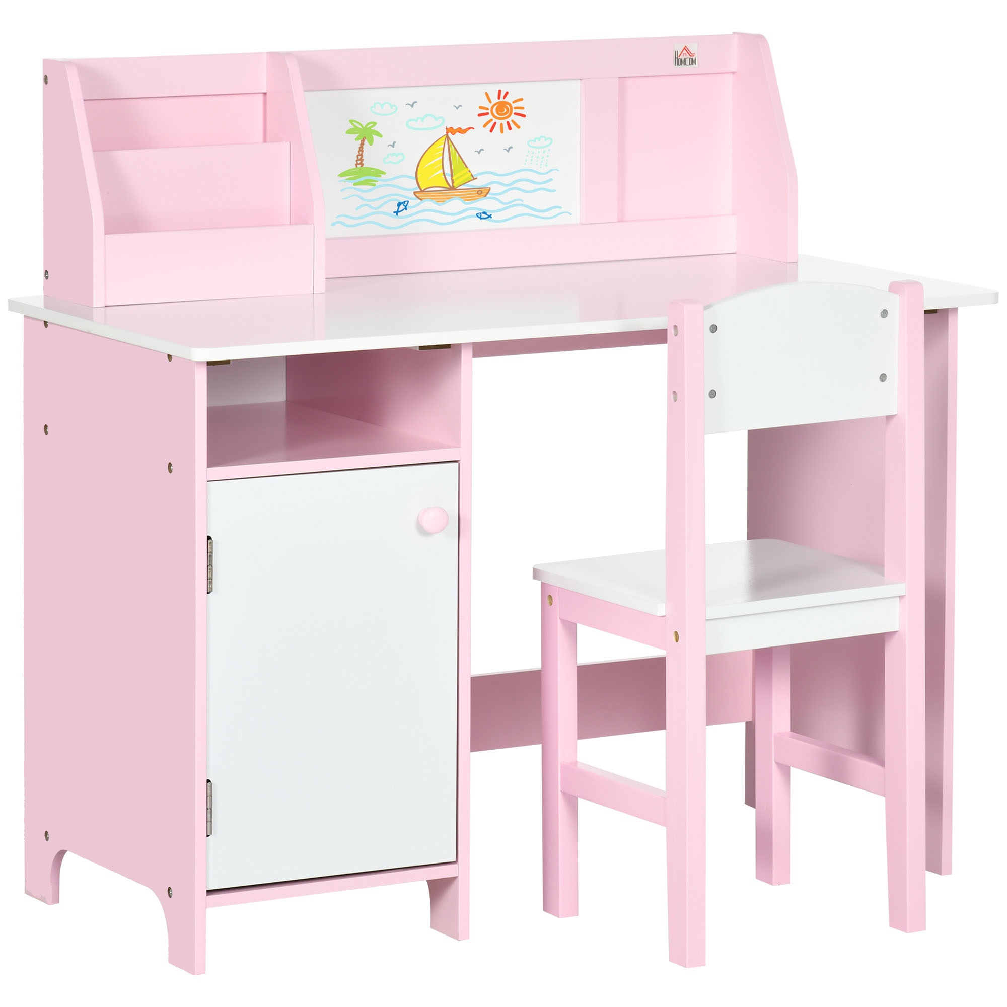 HOMCOM Juego de Mesa y Silla Infantil de Madera con Pizarra Blanca Mesa de Estudio para Niños de +5 Años Mueble Escritorio Infantil 90x45x85 cm