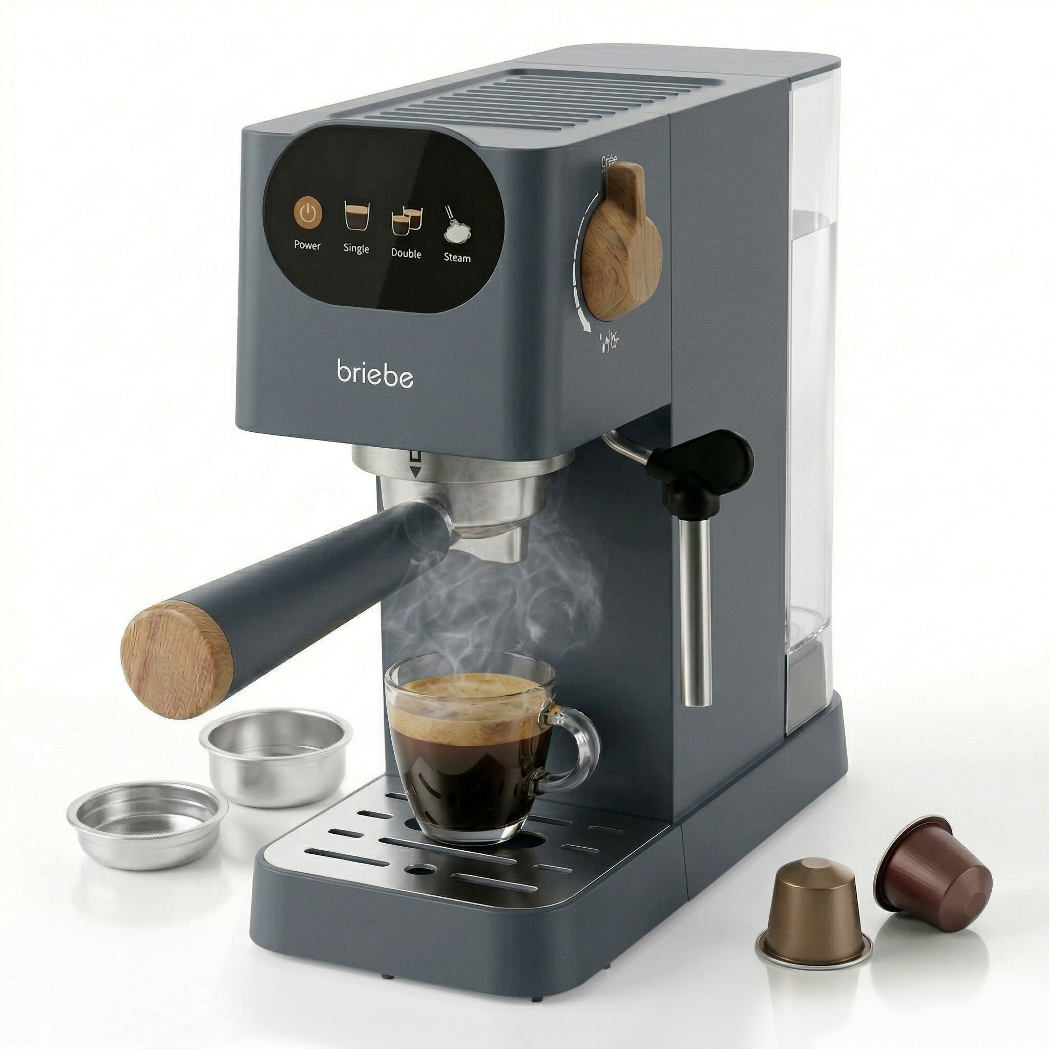 Briebe EC1180GRY Nordic Cafetera Espresso 20 Bares Compatible Cápsulas Nespresso y Café Molido Espumador Leche, 1350W, Gris