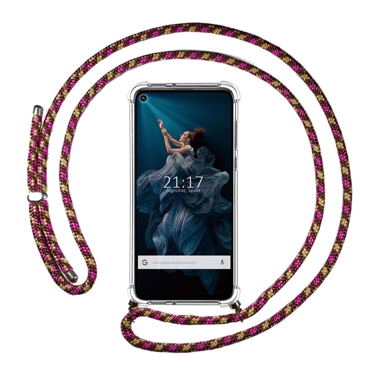 Tumundosmartphone Funda Colgante Transparente para Huawei Honor 20 Pro con Cordon Rosa / Dorado