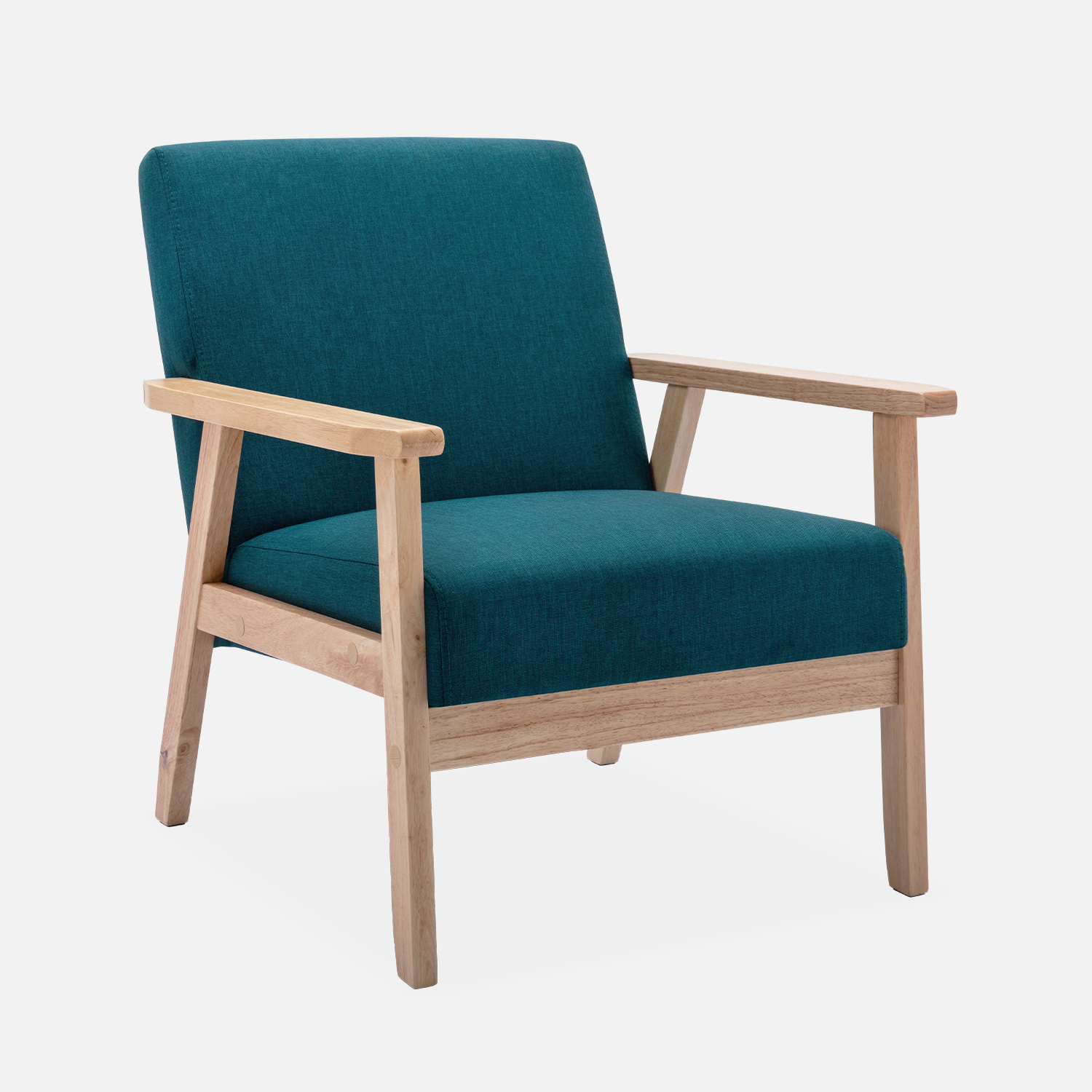 sweeek - Sillón estilo escandinavo de madera y tela, Isak, Azul esmeralda, 64x69.5x73 cm