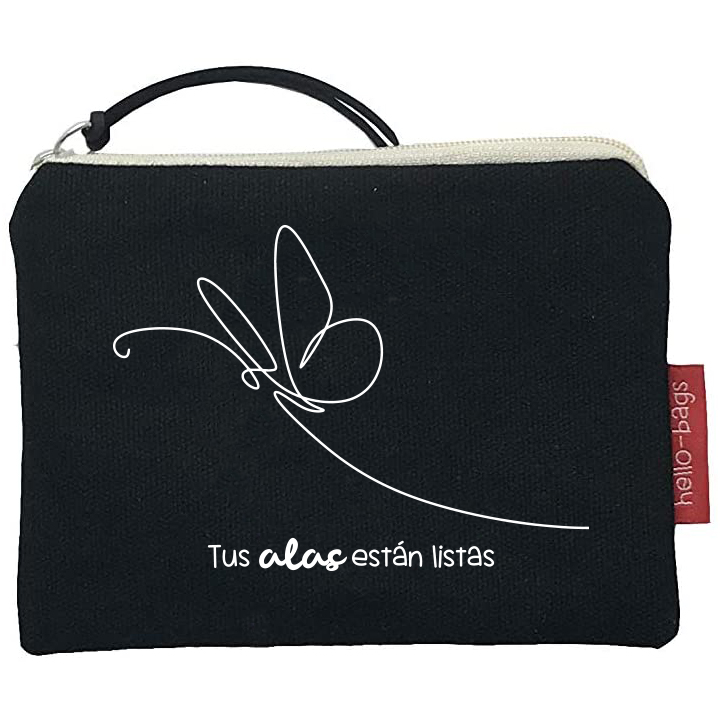 Hello-Bags. Bolso Monedero / Billetero / Tarjetero con cremallera y forro interior. Exterior: Algodón 100%. Incluye sobre kraft de regalo. Modelo: "TUSALAS". Crudo / Negro. 14x10 cm.