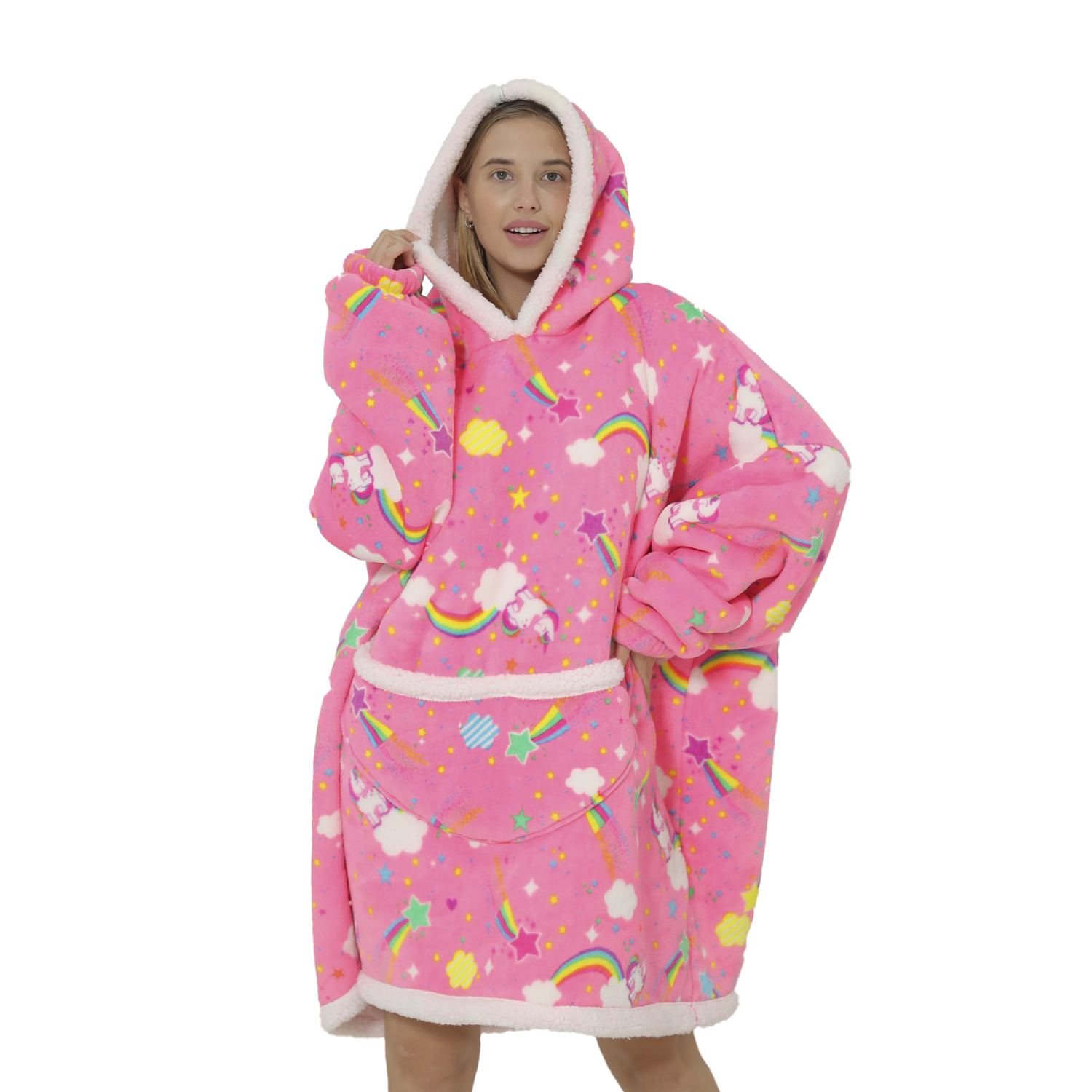 DAM Bata estilo sudadera y manta de felpa extrasuave. Bolsillo frontal tipo canguro. 85x1x79 Cm.