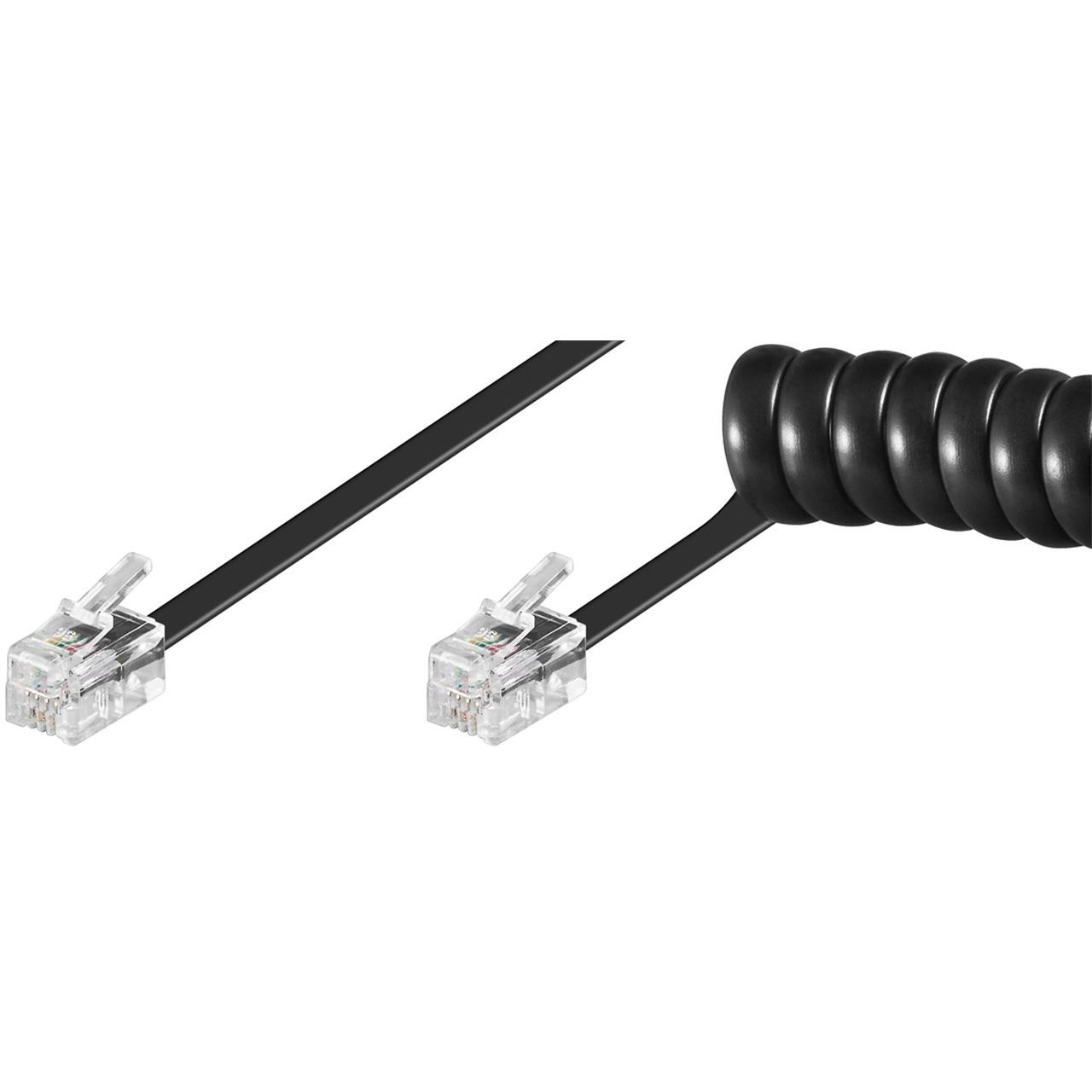 Goobay 50270 CCA Cable espiral de auricular (aluminio revestido de cobre); Conector RJ10 (4P4C) a conector RJ10 (4P4C); negro; 4 metros
