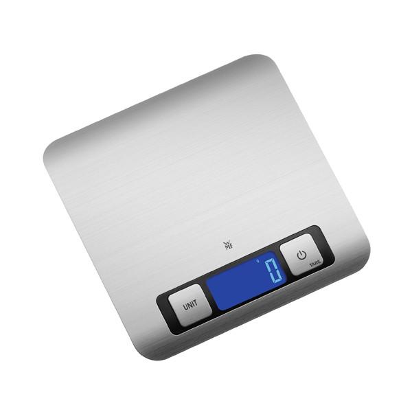 Báscula Digital de Cocina WMF en Acero Inoxidable, 5 kg, Pantalla LCD con Unidades Métricas e Imperiales, Función de Tara y Apagado Automático, 20x20 cm