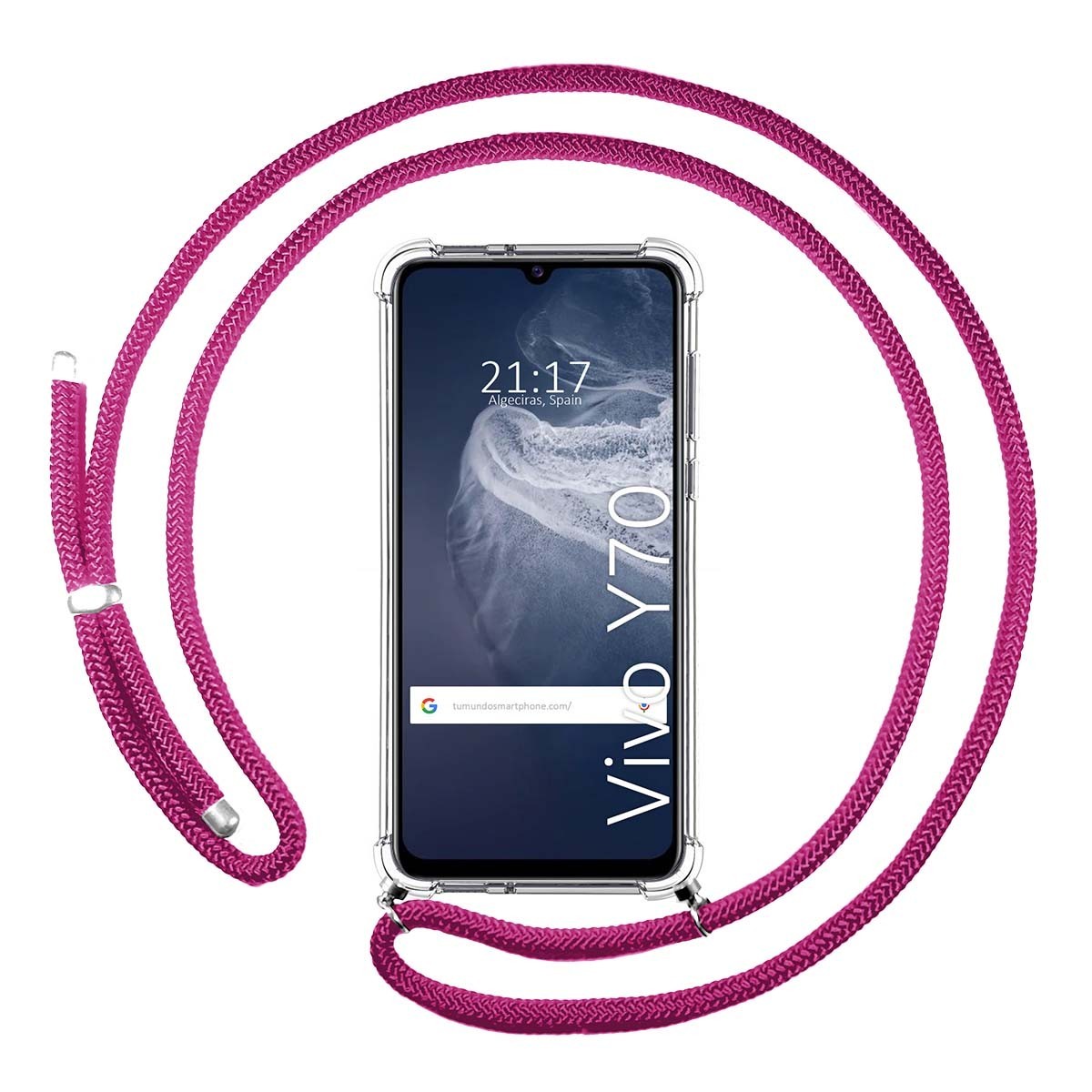 Tumundosmartphone Funda Colgante Transparente para Vivo Y70 con Cordon Rosa Fucsia