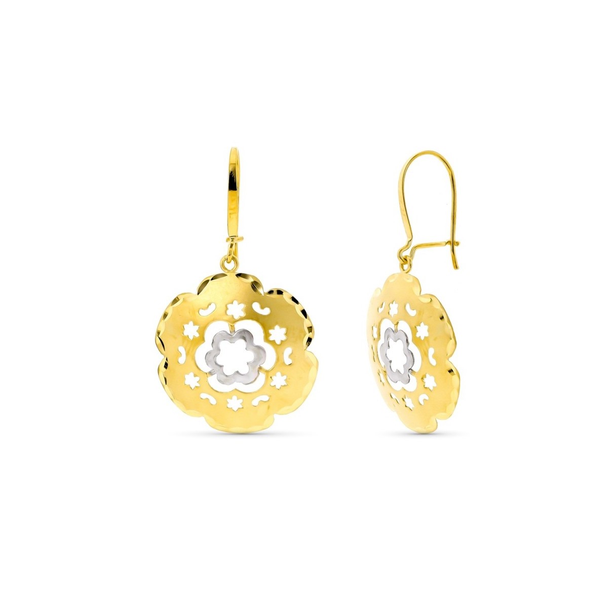 Pendientes oro bicolor 18k largos mujer circonita calados flor mate brillo hippie gancho