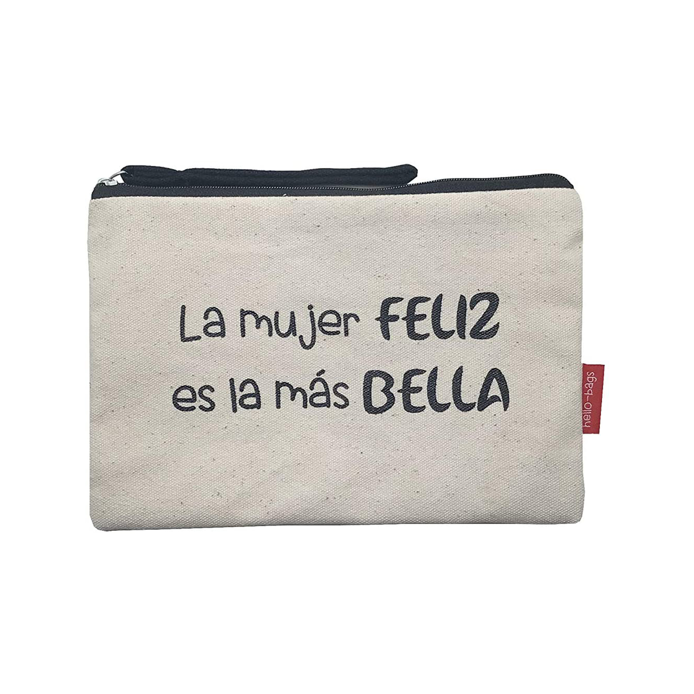 Hello-Bags. Bolso Neceser / Cartera de Mano con cremallera y forro interior. Exterior: Algodón 100%. Incluye sobre kraft de regalo. Modelo LAMUJER. Color: Crudo / Negro. 23x15,5 cm.