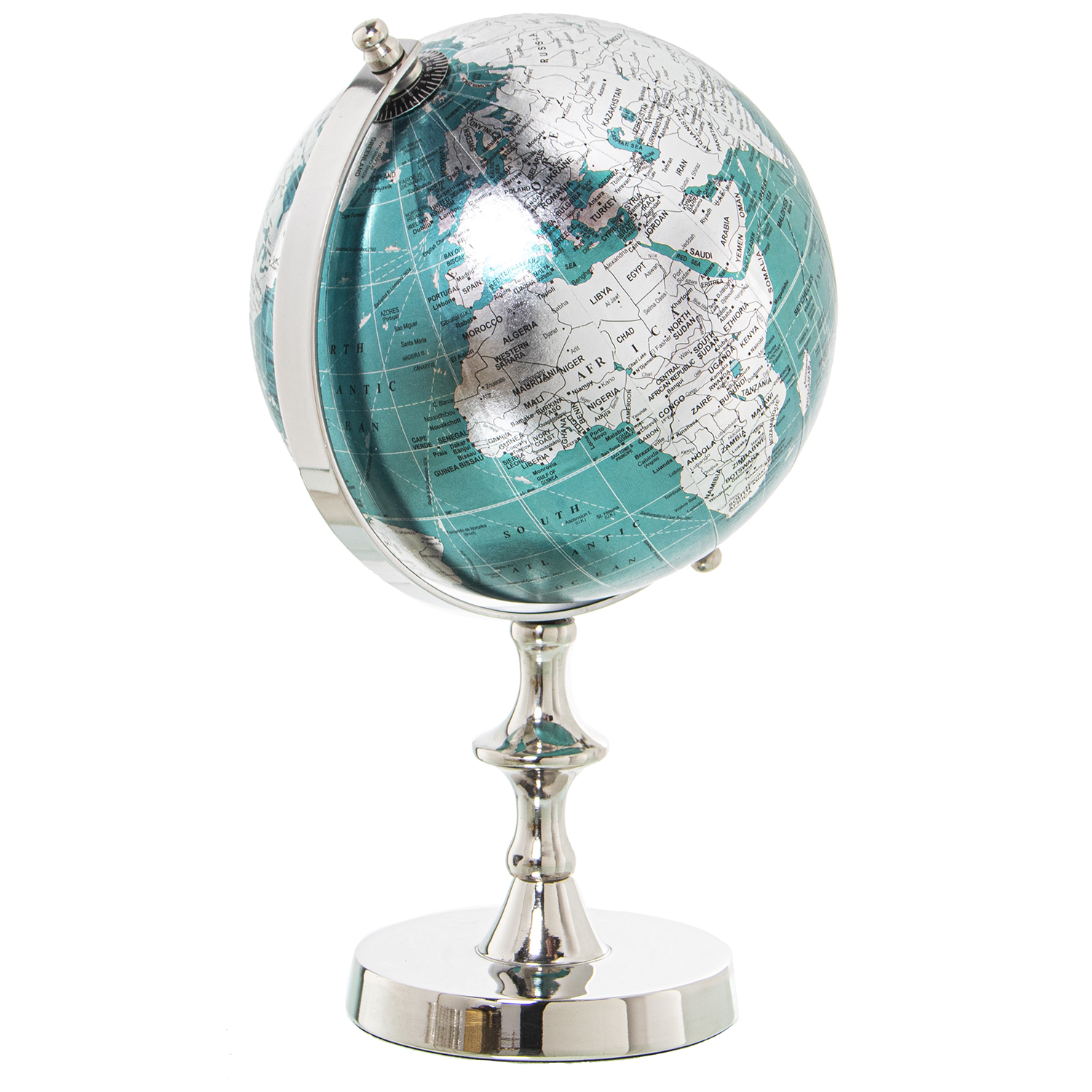 Globo terraqueo aluminio acabado niquel, globo: diametro 15cm, azul 16x15x27cm, base: 10, 7cm