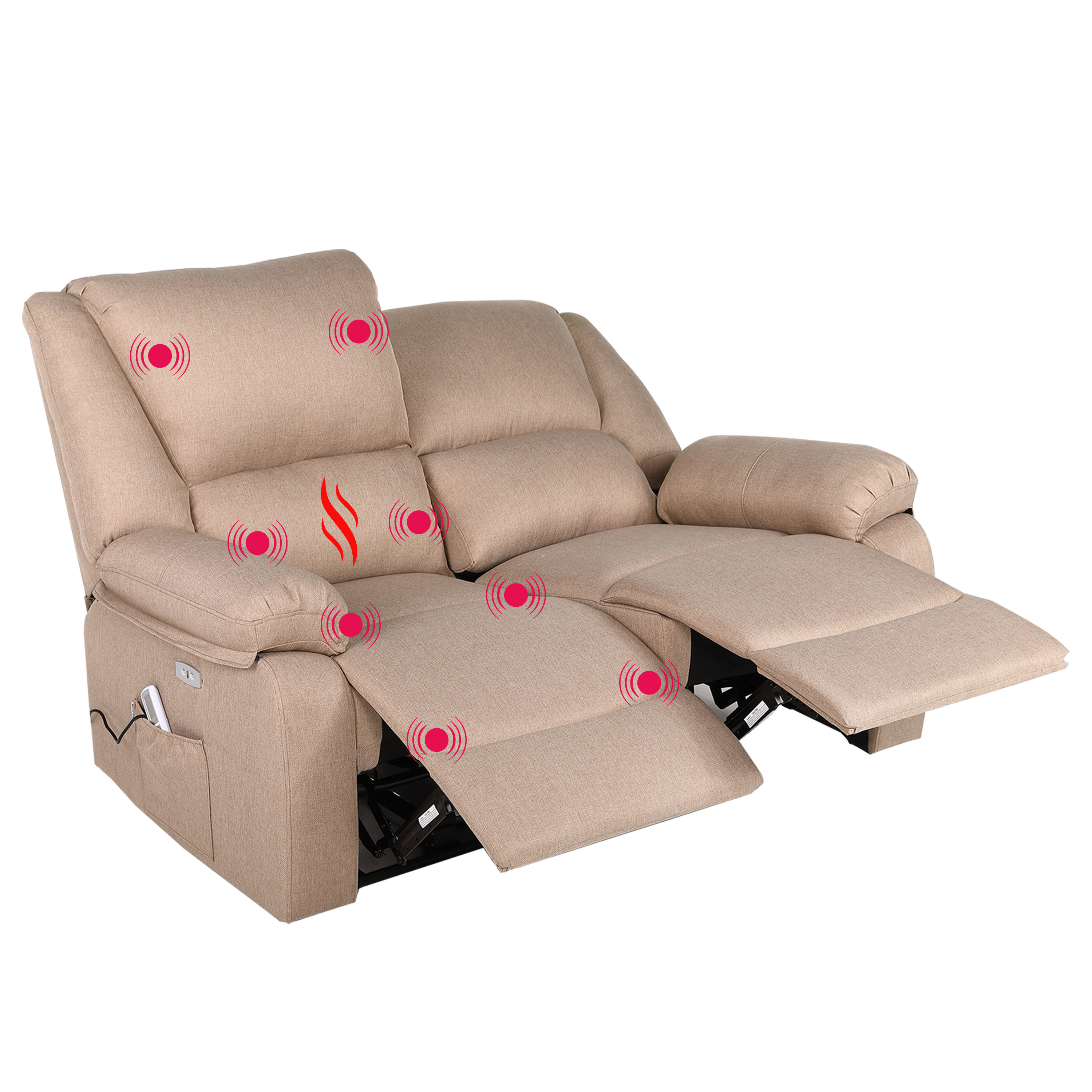 Eco-De Sofá 2 Plazas con Reclinación Independiente Eléctrica y Masaje - Modo Reclinable TV Independiente en Cada Lado, 8 Vibro motores, Calor Lumbar, Doble Botonera, Doble USB