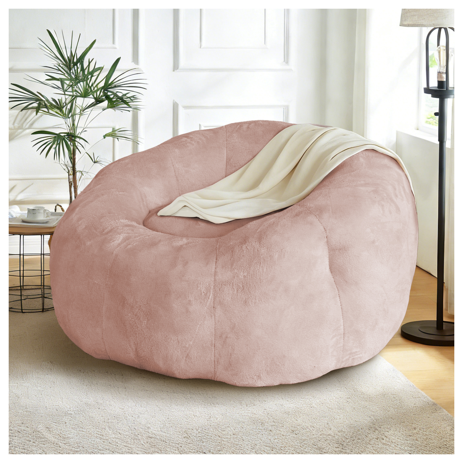 Grand fauteuil lounge rond rose en flanelle, pouf confortable pour salon et chambre