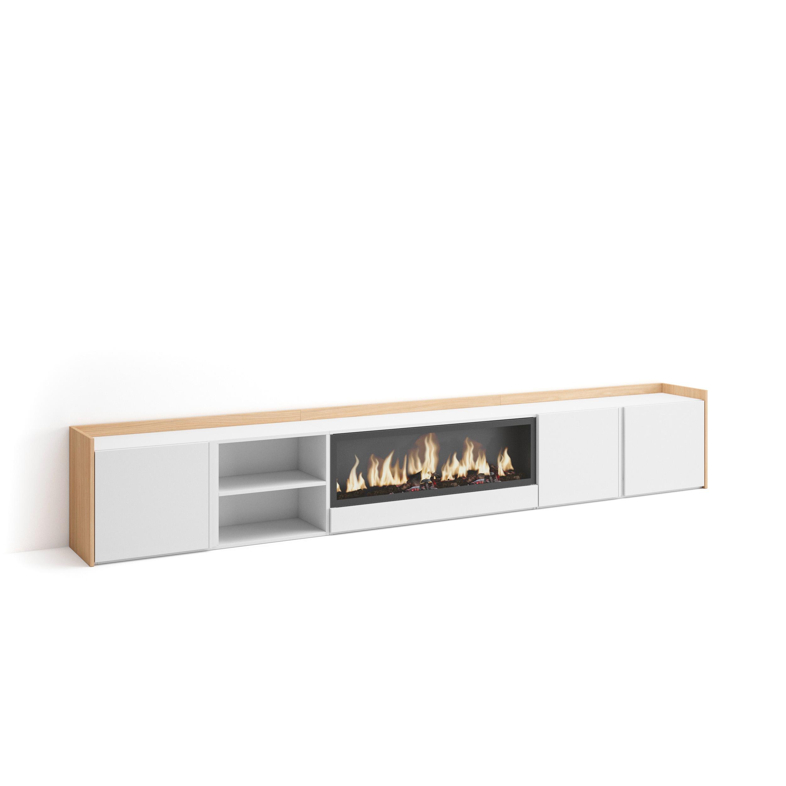 Mueble TV, Televisión, 315x35x50cm, Para TV hasta 80", Chimenea eléctrica XXL