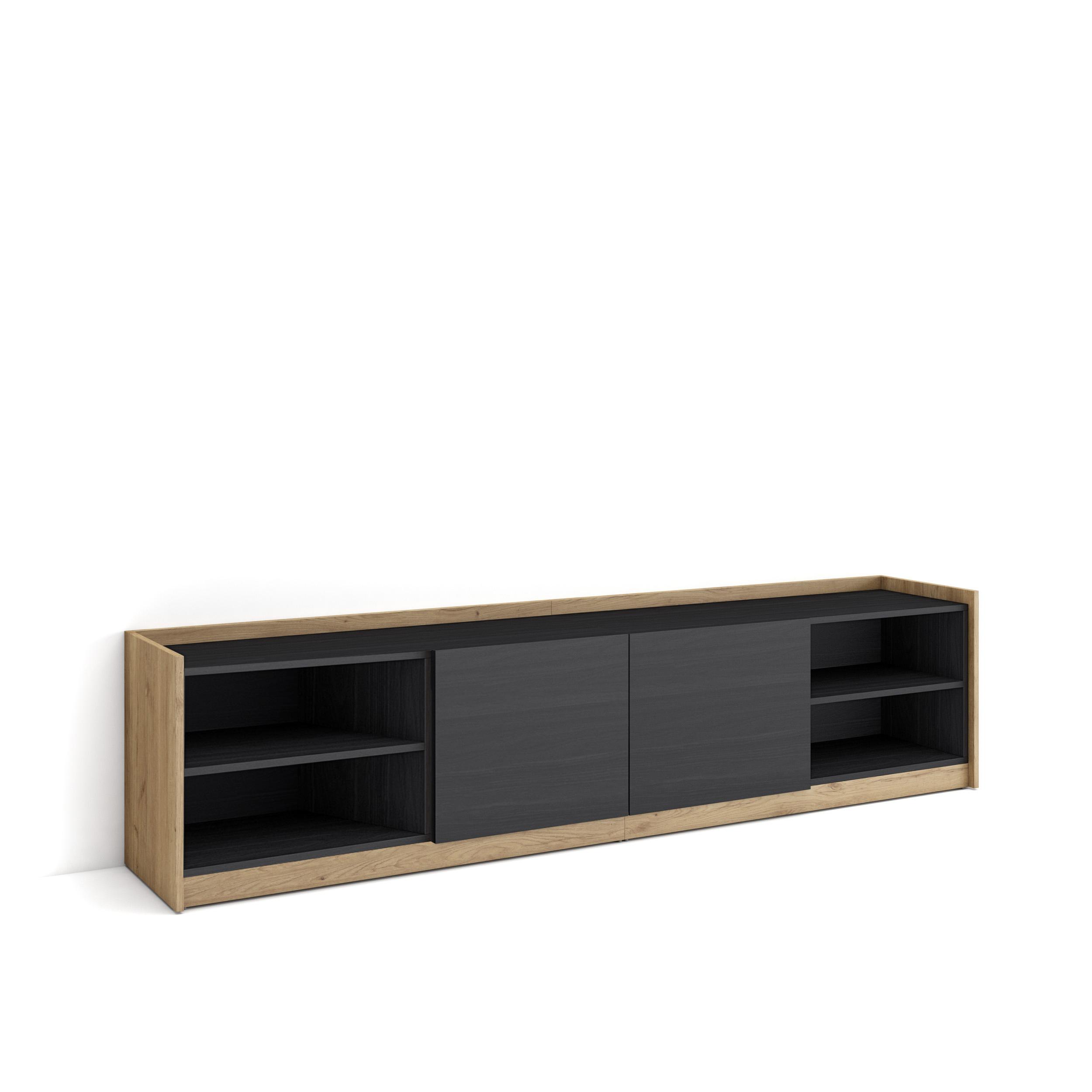 Skraut Home, Mueble TV, Televisión, Muebles de salón, almacenaje, 207x50x37 cm, Para TV hasta 80", Con almacenamiento, Estilo Moderno, Negro y roble