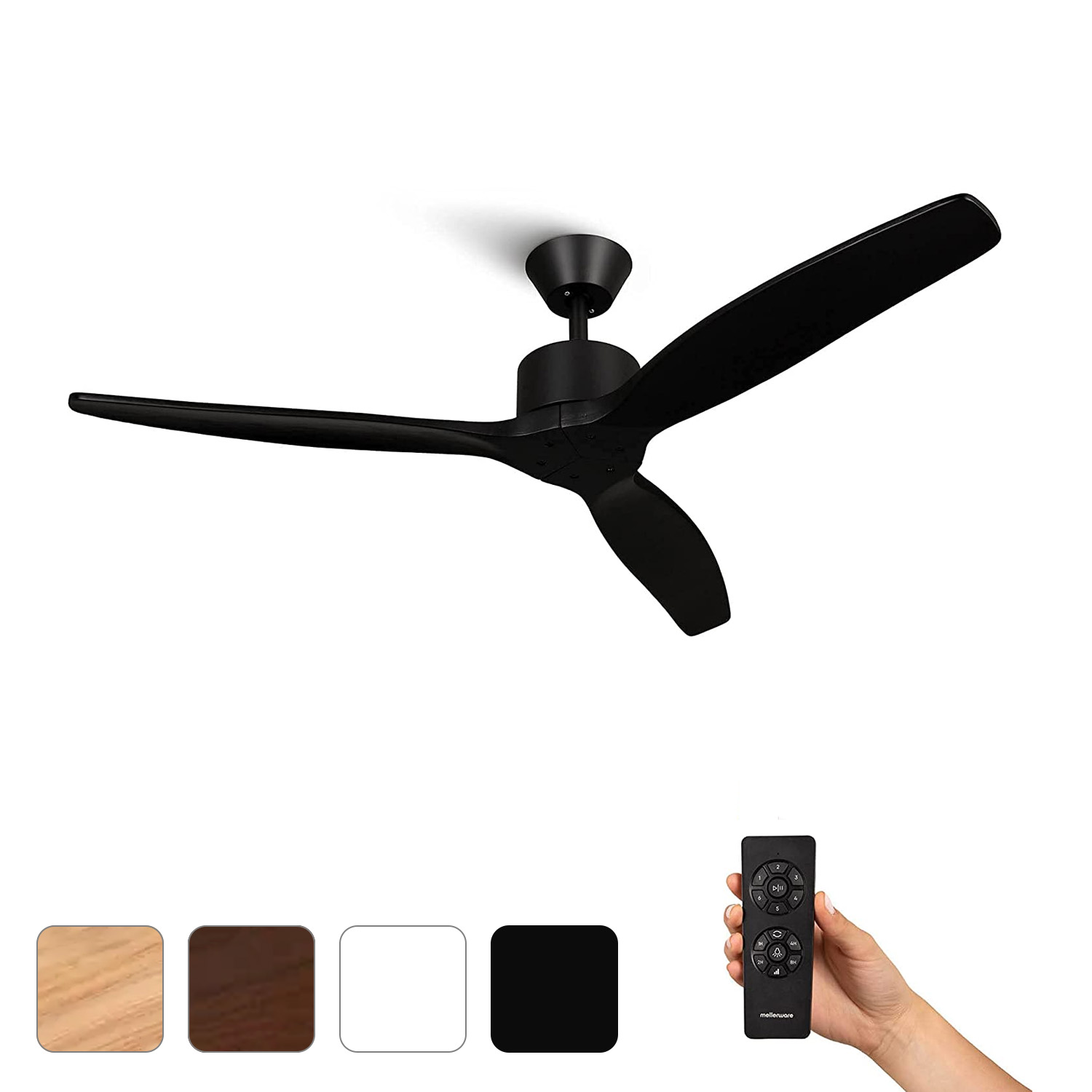 Mellerware - Ventilador de Techo con Mando a Distancia Brizy!. 45 W. 6 Velocidades. Ultra silencioso. Función Verano-Invierno. Temporizador. 3 Aspas. 132 de Diámetro. Motor DC. Black