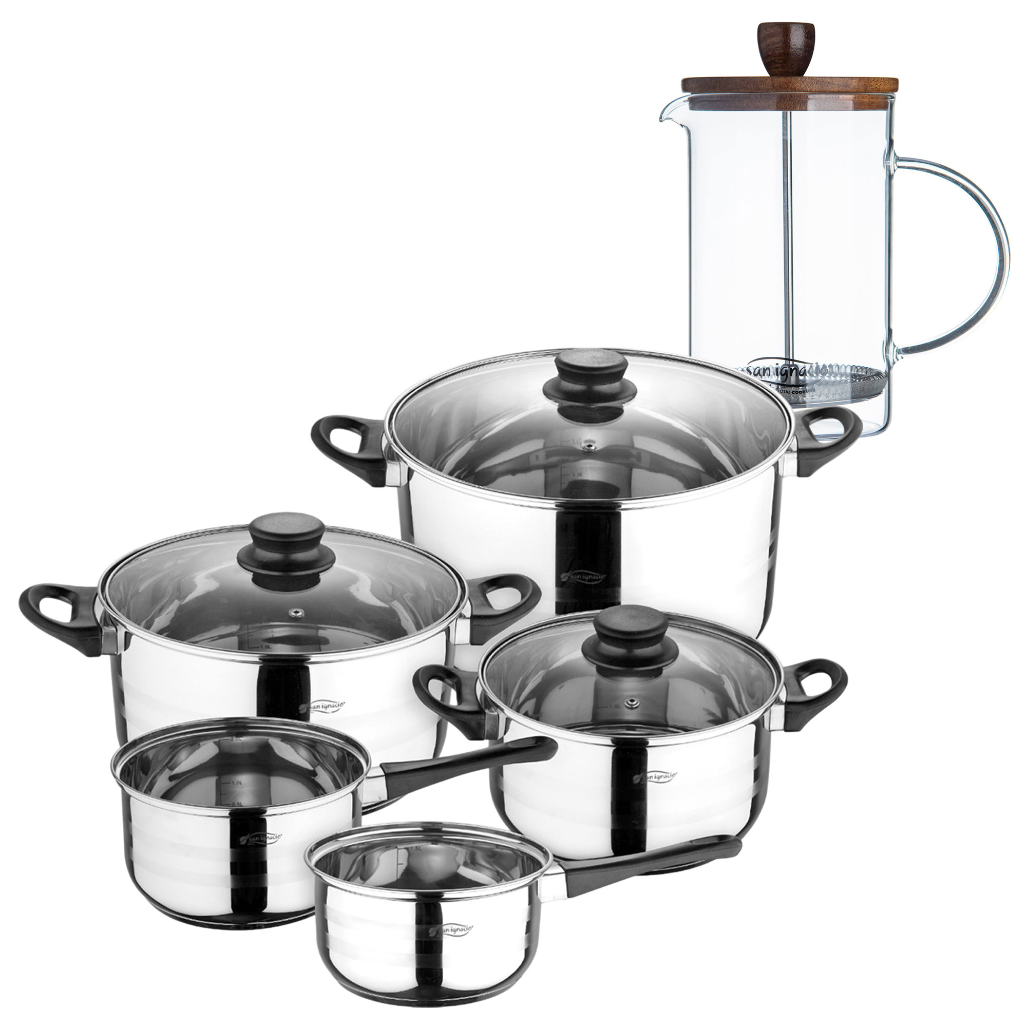 Batería de cocina de ocho piezas San Ignacio+  Delantal de Cocina Gris oscuro 100% Algodón 75x80cm de talla única SMART MasterPRO