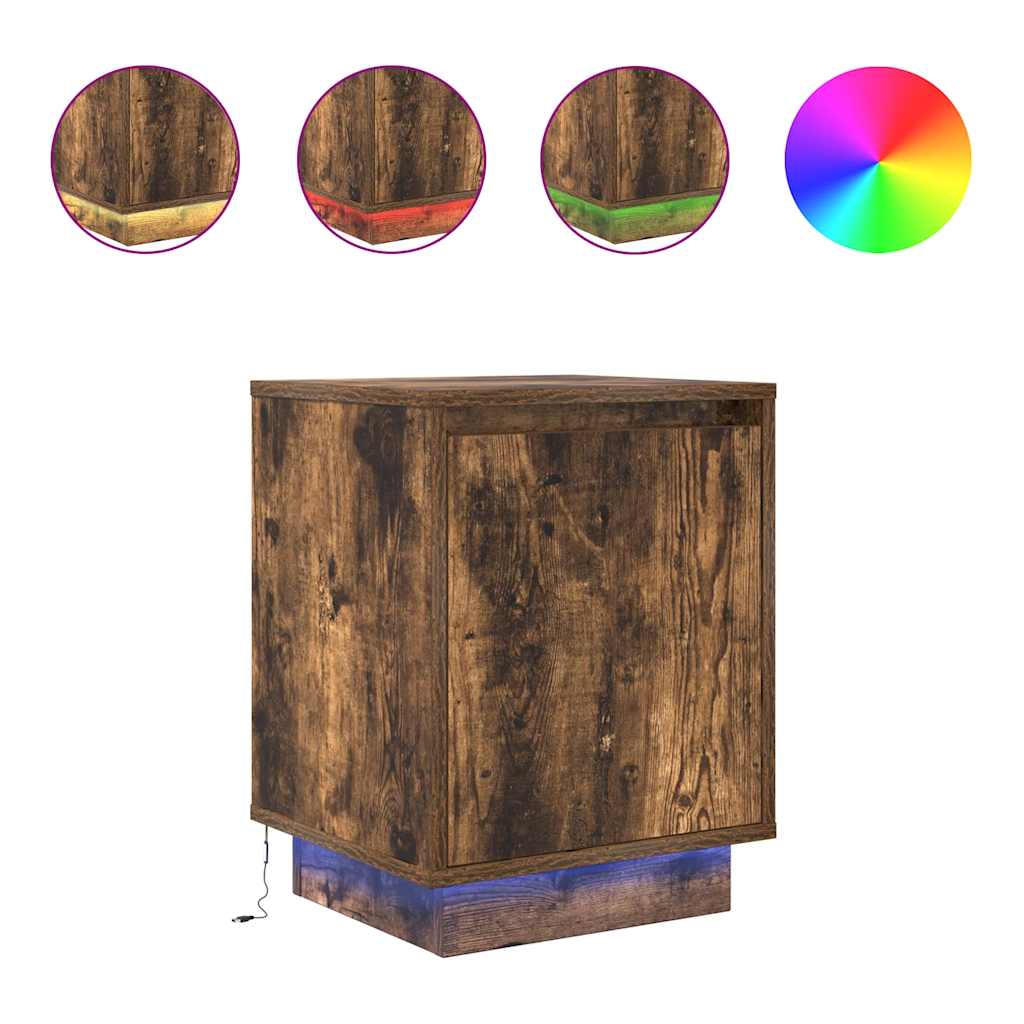 vidaXL Mesillas de noche con luces LED 2 uds roble marrón 38x34x50 cm en color Marrón roble/Gris sonoma/Roble ahumado y más | cómodas modernas ergonómicas para comedor cocina salón hogar