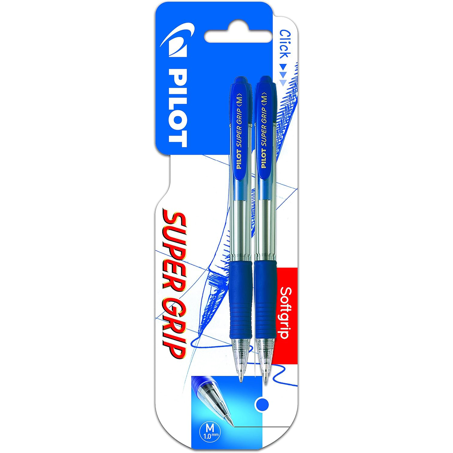 Pilot Bolígrafo Super Grip Retráctil Punta 1mm Recargable Tinta Base de Aceite Azul (Pack de 2)