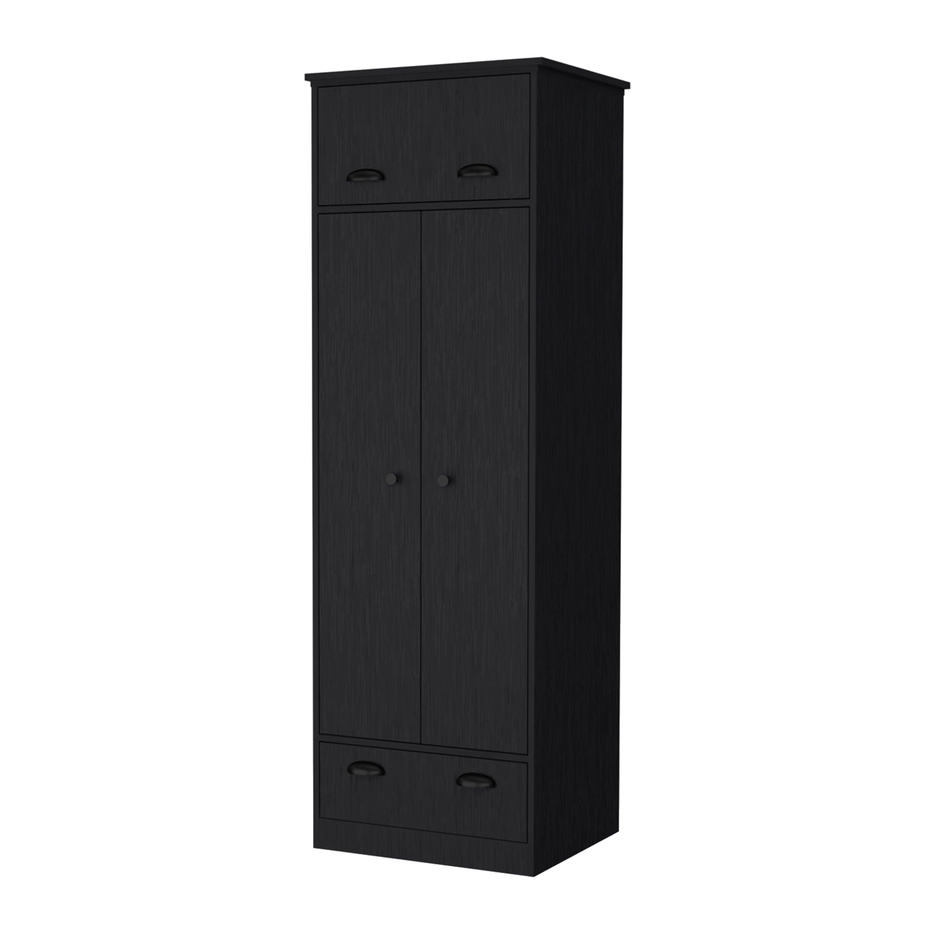Armario falkland en melamina con 2 puertas ,2 estantes , 1 barra para colgar ropa ,  1 gabinete superior y 1 cajon , negro , 179 cm X 59.2 cm X 50 cm