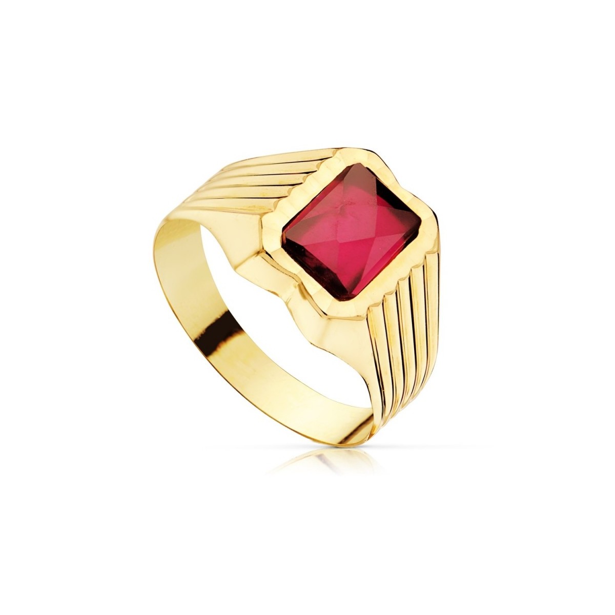 Sello oro 18k niño centro piedra espinela natural roja 8 x 6mm. lateral detalles tallados