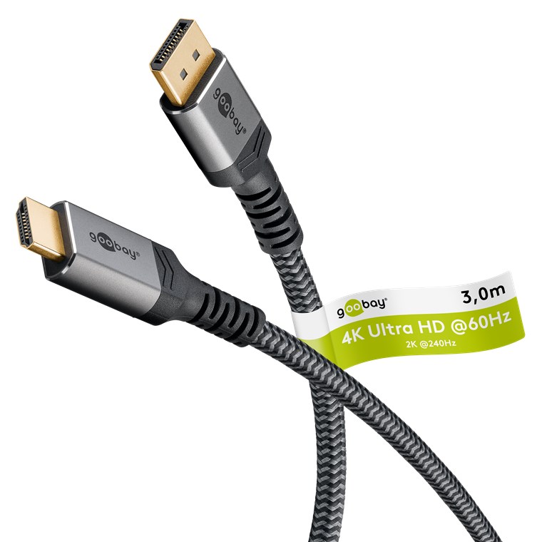 goobay 65270 Cable DisplayPort a HDMI 4K @ 50/60 Hz UHD, cable DP a HDMI de alta velocidad, Unidireccional, Nylon trenzado, Ordenador DP a HDMI, 3m