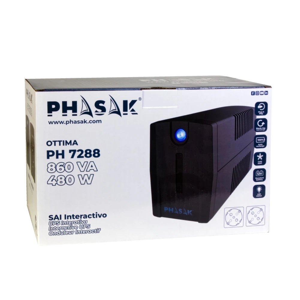 Phasak - SAI UPS Interactivo OTTIMA 860 VA 480 W PH 7288 para hogar y oficina pequeña con estabilizador interno y 4 ms de conmutación