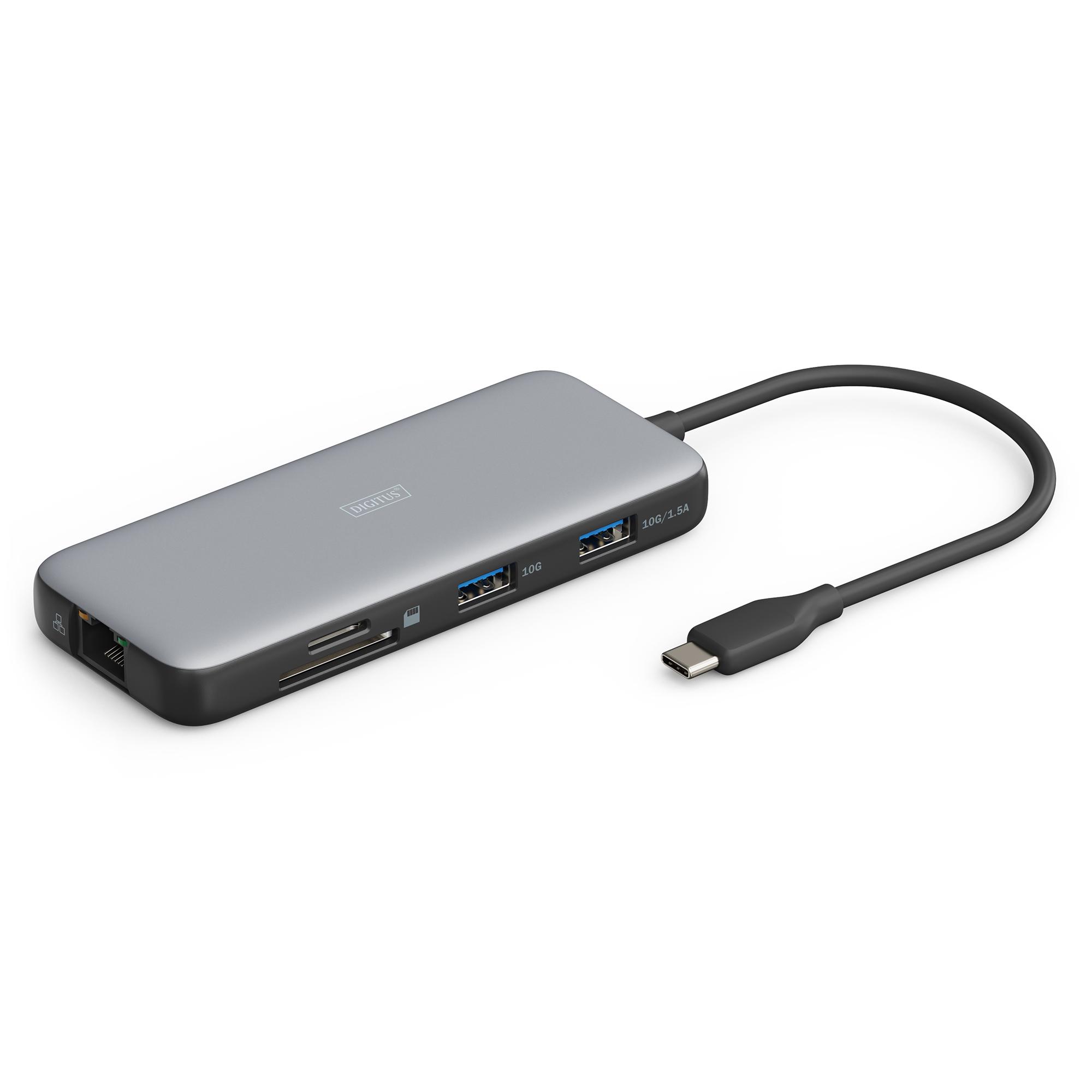 DIGITUS Estación de Acoplamiento USB-C - 7 Puertos - 1x HDMI UltraHD 4k/60Hz - 2X USB-A 3.2 Gen2-1x USB-C 100W PD 3.0-1x RJ45 - Doble Lector de Tarjetas - Gris