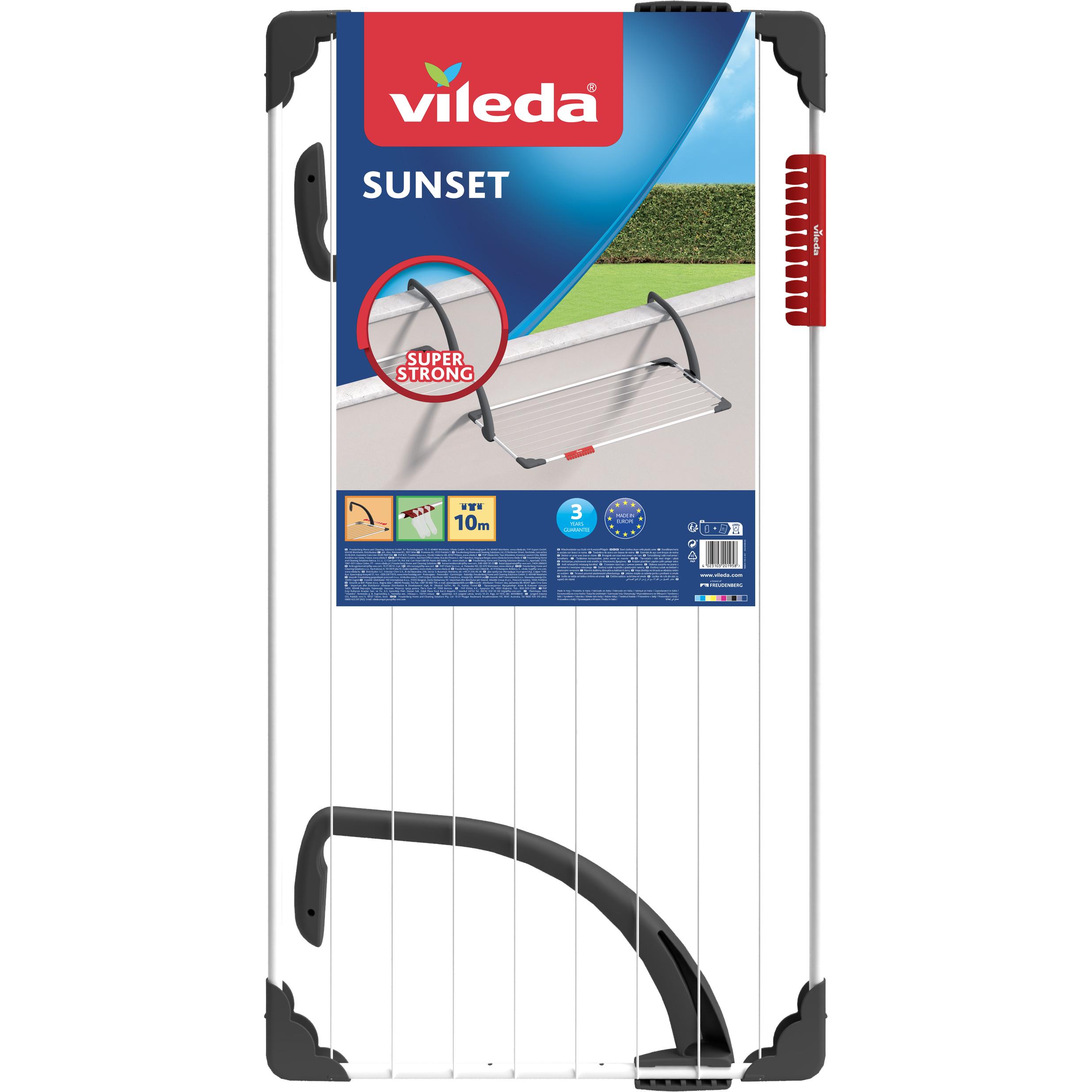 Vileda | Tendedero de balcón Vileda Sunset | Brazos plegables y esquinas protegidas | Brazos de resina muy resistentes | Hasta 10 metros de lóngitud de tendido.