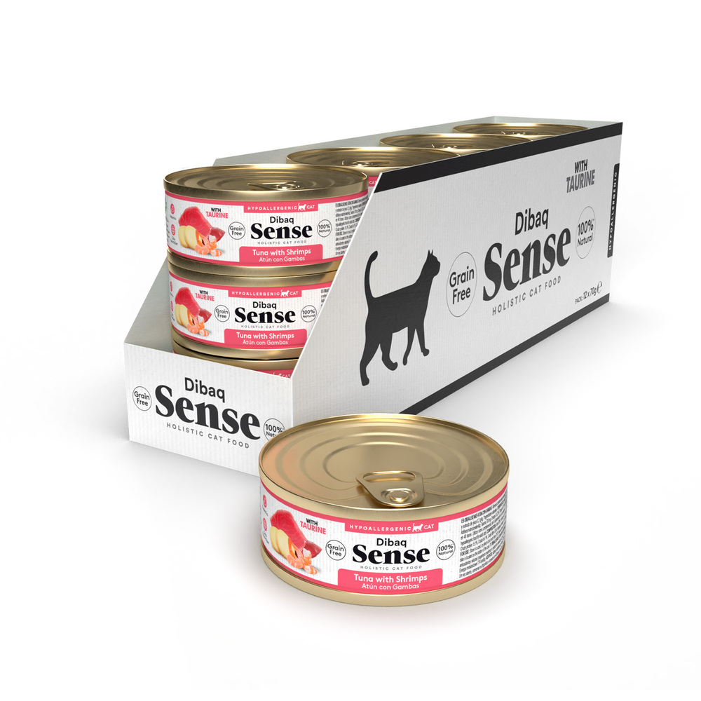 Dibaq Sense Cat, comida húmeda, gato, atún y gambas con patatas, sin cereales, pack 12 uds x 70 gr
