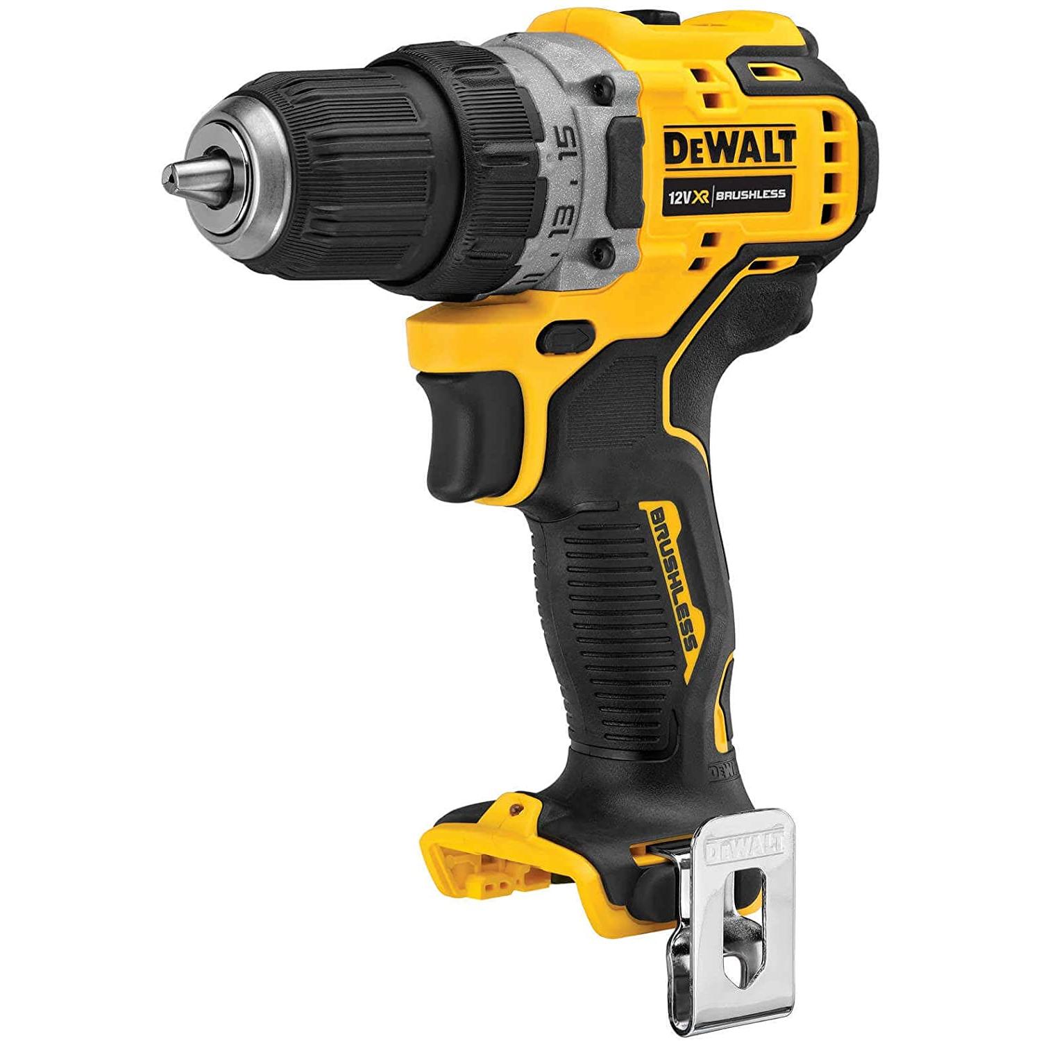 DeWALT DCD701N-XJ electric screwdriver and impact wrench, 12V battery powered, in Black and Yellow, compact design at 230mm width, perfect for various DIY projects.