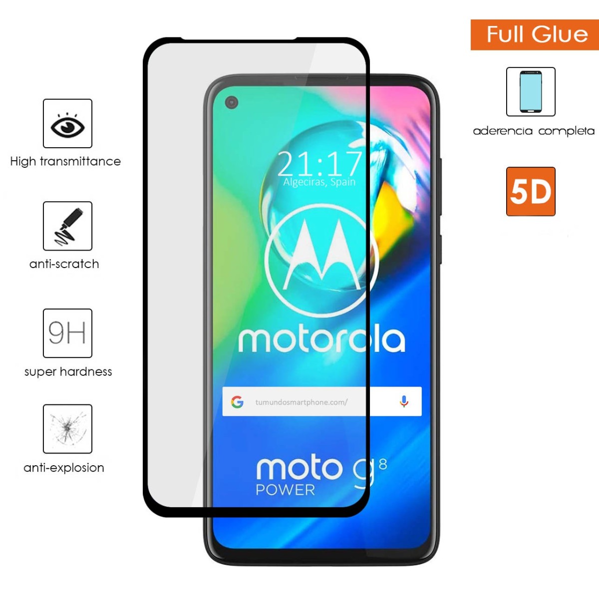 Tumundosmartphone Protector Cristal Templado Completo 5D Full Glue Negro para Motorola Moto G8 Power Vidrio