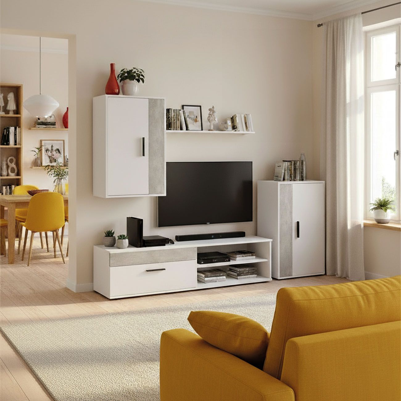 duehome - Salón modular Lunet 190 cm: mueble tv + armario bajo + armario alto colgante + estantería mural, ideal para espacios contemporáneos, fácil montaje y servicio post-venta 100% satisfacción