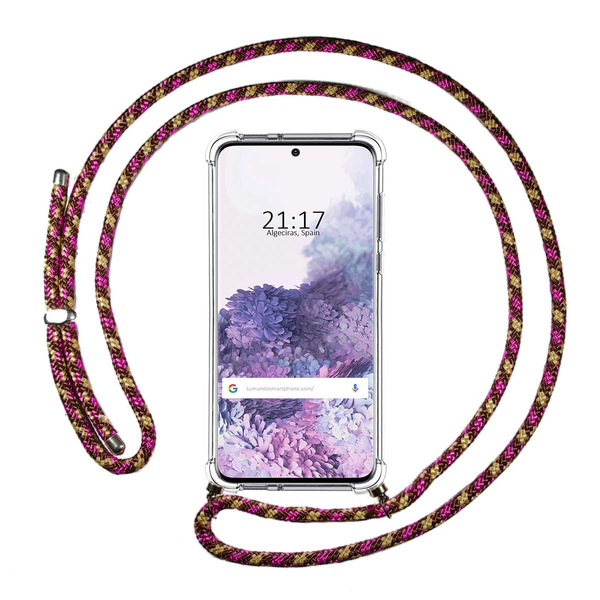 Tumundosmartphone Funda Colgante Transparente para Samsung Galaxy S20 con Cordon Rosa / Dorado
