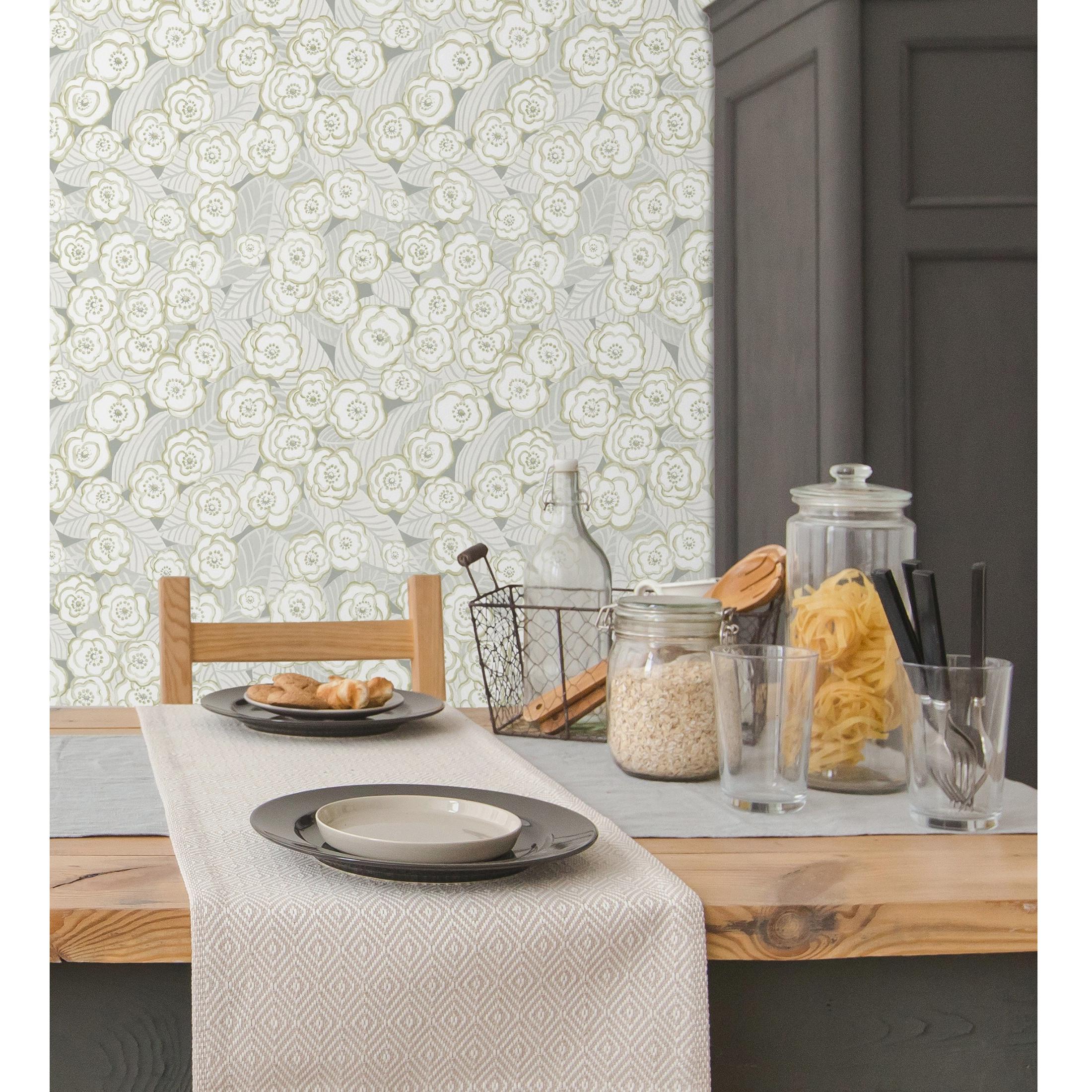 Papel pintado vinílico ecológico de flores gris verdoso fondo gris - Helen Flowers 680622 de GAULAN - Rollo de 10 m x 0,53 m