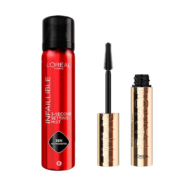 L’Oréal Paris | Pack Spray fijador Infaillible 36h de duración Water-proof y Oil-proof + Máscara Panorama Negro